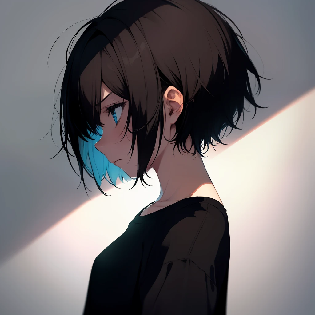 Beautiful girl, very detailed, clean, high-quality, sharp image, sad, depressed, cool colors, short hair, dark hair, black t-shirt, flat chest, close-up, profile picture, hopelessness, doom, sad atmosphere, simple background, good lighting, high quality, depression, apathyBeautiful girl, very detailed, clean, high-quality, sharp image, sad, depressed, cold colors, short hair, dark hair, black t-shirt, flat chest, close-up, profile picture, hopelessness, doom, sad atmosphere, simple background, good lighting, high quality, depression, apathy