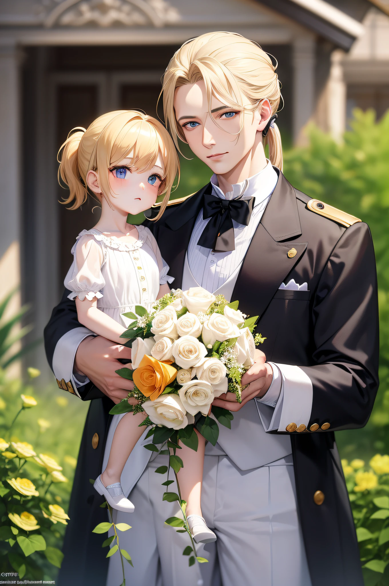 Masterpiece, high quality, absurdes, a guy wearing long white shirt and trousers, bare shoulders, bare collarbones, transparent, blonde hair, detailed eyes and face, blue eyes, beautiful face, ponytail, walking in a garden with his son, father and son, German empire outfits, 5 y.o boy, royal, imperial, noble, bloomig garden on background, flowers, roses, 19th century outfits, corgi puppy