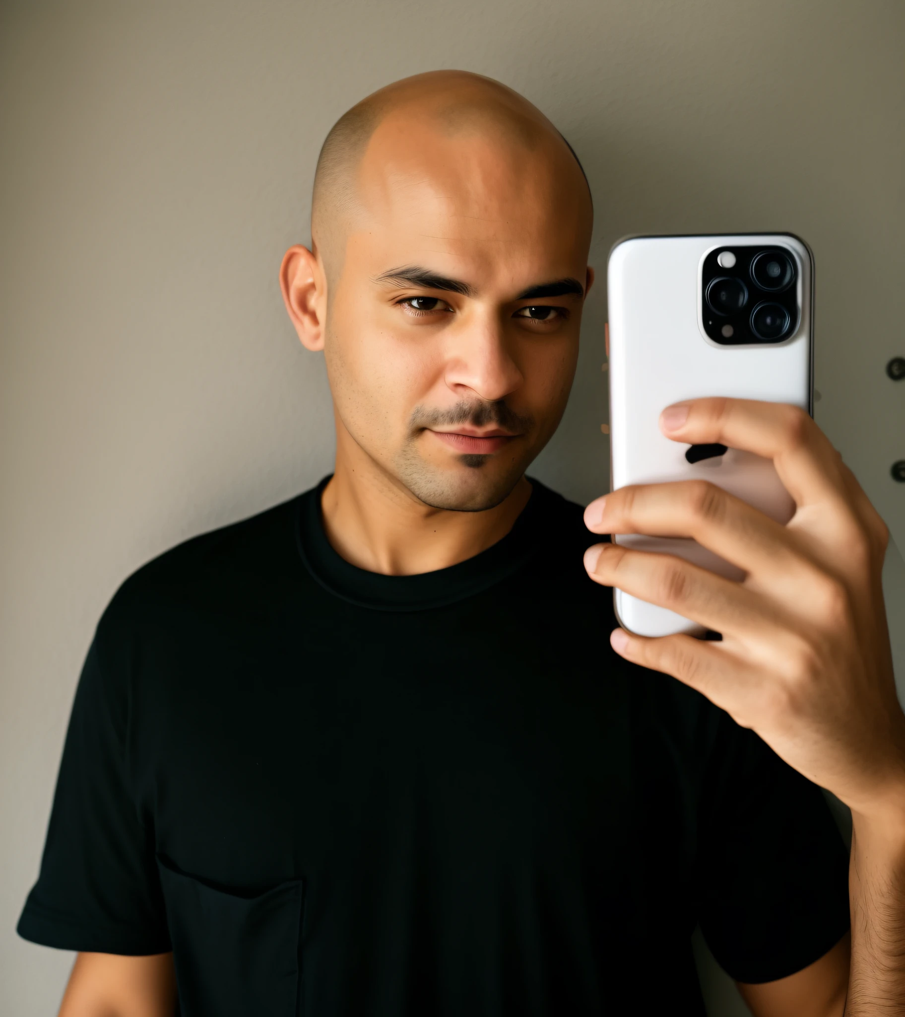 arafed man taking a selfie with his cell phone, headshot profile picture, 8k selfie photograph, no hair completely bald, iphone selfie, selfie of a man, taken in the early 2020s, bald with short beard, shaved head, twitch streamer / gamer ludwig, inspired by Theo Constanté, profile pic, in style of tyler mitchell, joel torres