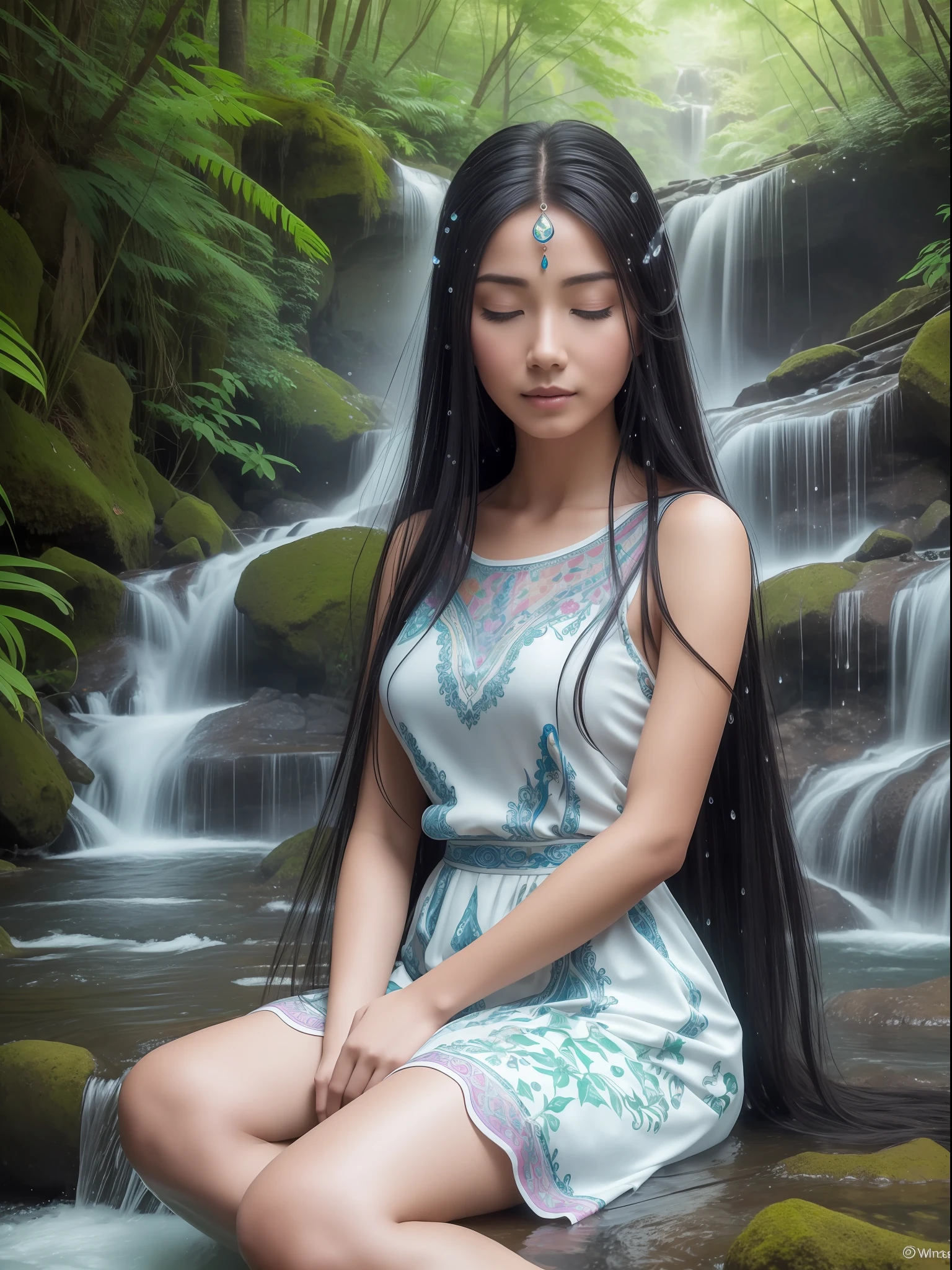 (Masterpiece, Superior Quality, Best, Official Art, Beautiful and Aesthetic, Long Exposure: 1.2), Smooth Movement, Enchanting Patterns, Imagine a beautiful Tibetan woman sitting in a quiet and serene setting, next to a waterfall. His features are delicate and his gaze conveys a deep calm and wisdom. She is dressed in a white and blue dress, intricate details, sitting in a meditation position, her posture is upright and graceful. Her long black hair is loose, falling gently over her shoulders. She is immersed in a state of deep concentration, eyes gently closed, The waterfall creates a soft and relaxing melody as the water flows and cascades down. Water droplets reflect sunlight, creating small rainbows around the woman. It is surrounded by lush vegetation, with colorful flowers and vibrant foliage, in perfect harmony with the nature around it, neon butterflies flying close by.