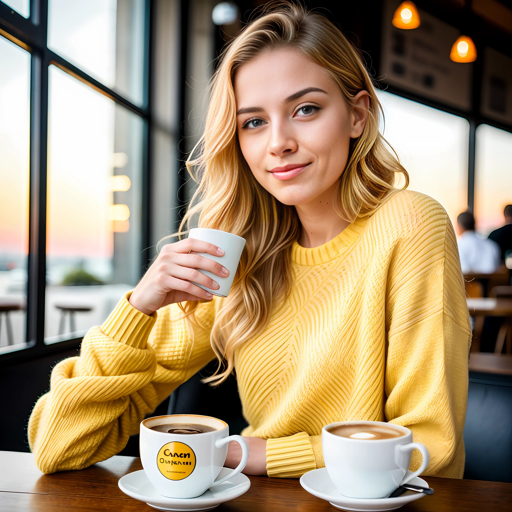 cute beautiful blonde wearing yellow sweater (drinking coffee inside a modern cafe at sunset), very detailed, 21 years old, inoccent face, natural wave hair, blue eyes, high-res, masterpiece, best quality,intricate details, highly detailed,sharp focus, detailed skin,realistic skin texture,texture, detailed eyes, professional, 4k, charmer smile, shot on Canon, 85mm,shallow depth of field,kodak vision color, perfect fit body, extremely detailed, photo_\(ultra\), photorealistic, realistic, post-processing, max detail, roughness, real life, ultra realistic, photorealism, photography, 8k uhd, photography