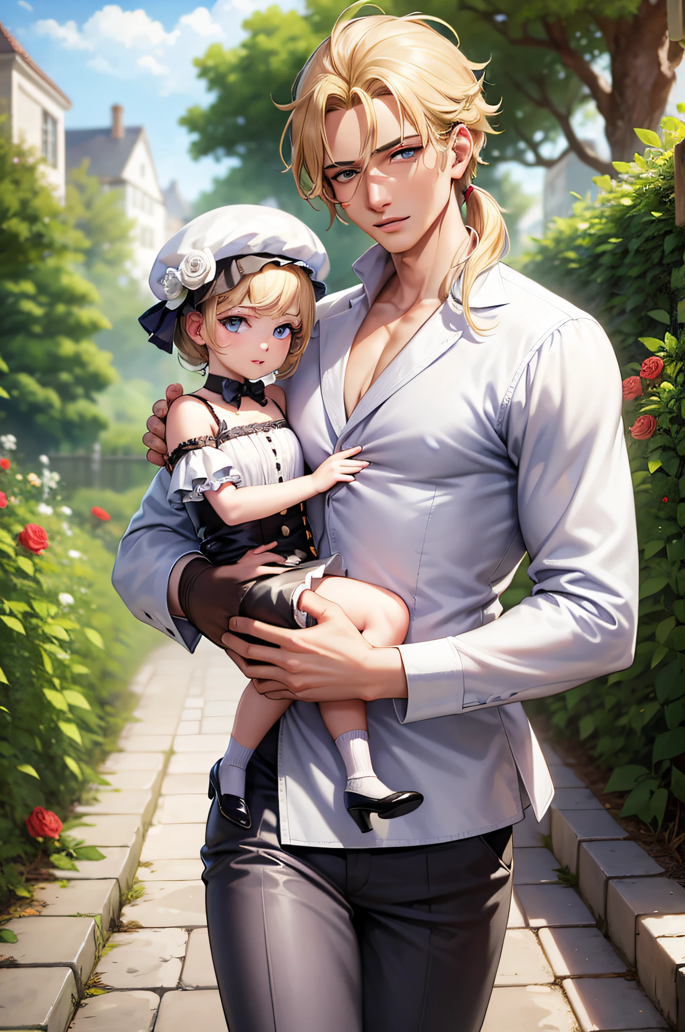 Masterpiece, high quality, absurdes, a guy wearing long white shirt and trousers, bare shoulders, bare collarbones, transparent, blonde hair, detailed eyes and face, blue eyes, beautiful face, ponytail, walking in a garden with his son, father and son, German empire outfits, 5 y.o boy, royal, imperial, noble, bloomig garden on background, flowers, roses, 19th century outfits, corgi puppy