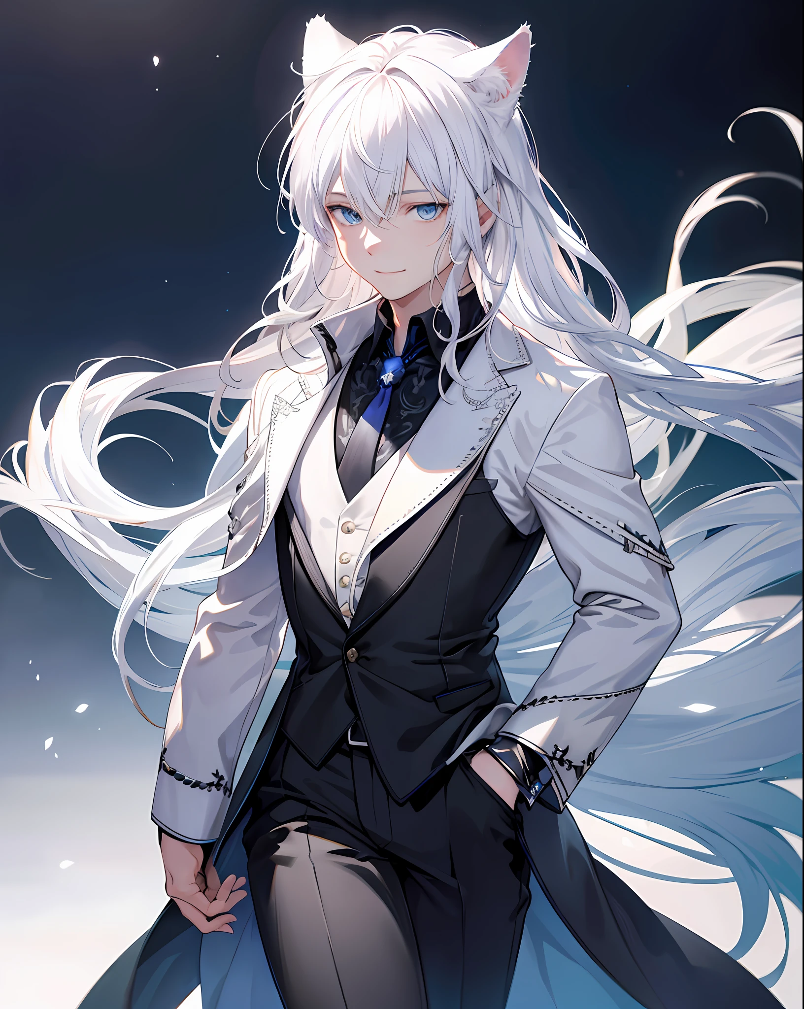 white hair, complex pose, detailed art, blue eyes, smile, knee-deep, ultra-detailed, 150mm analog lens, beautiful natural soft edge light, colorful details, complex details, hyperrealistic, ultra-detailed, octane rendering, volumetric lighting, 8k post-production, iridescent colors, foreshortening, cat ears, bakaneko, night, stars, fantasy, black suit, guy, man, 1 guy, adult, (realistic, photo-realistic:1.4), (1boy)