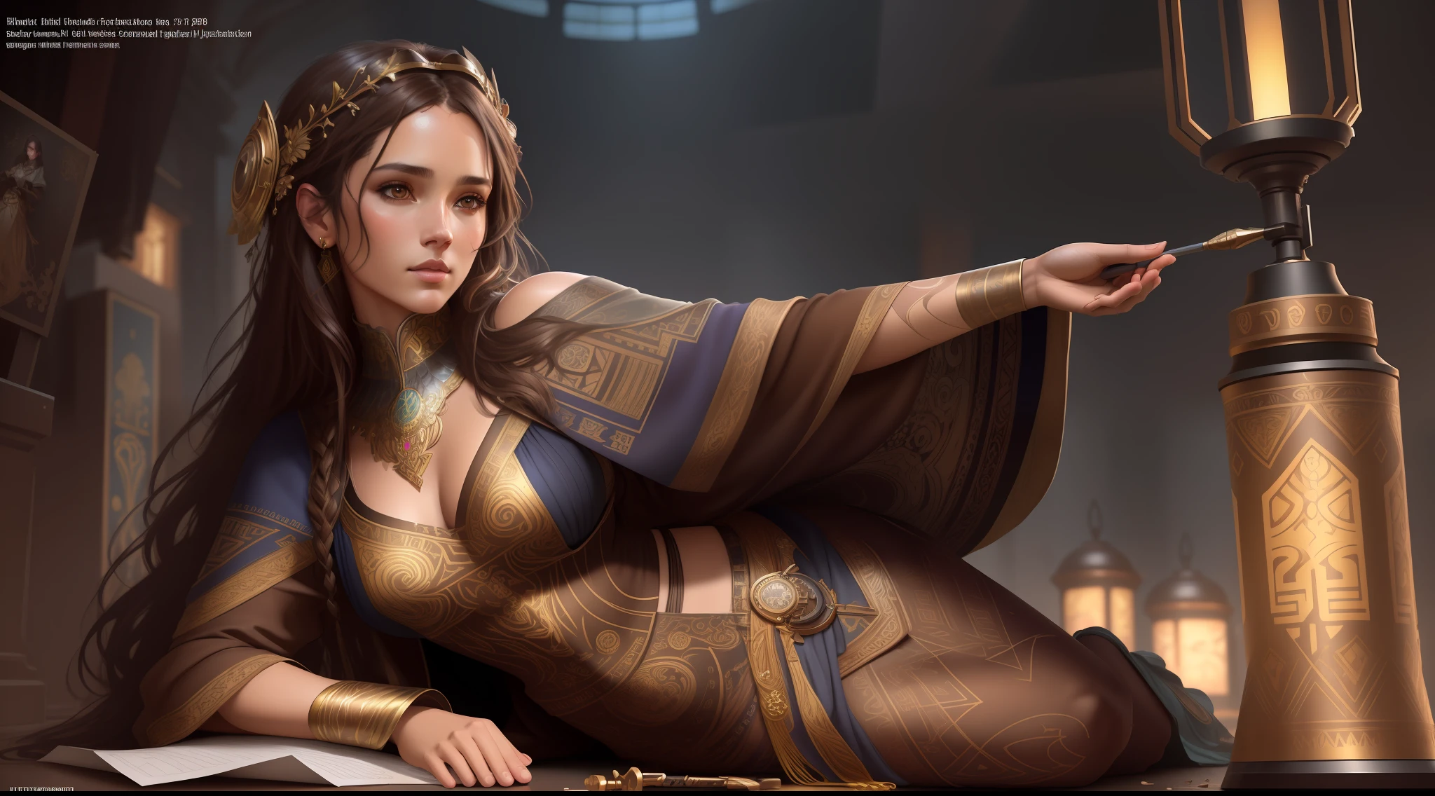 photorealistic beautiful woman, messy brown hair, beggar, full body, cover, hyperdetailed painting, luminism, Bar lighting, complex, ancient greek clothes, messy brown old clothes, 4k resolution concept art, Artgerm, WLOP, Alphonse Mucha, 3d render, octane render, intricately detailed, cinematic, trending on artstation | Isometric | Centered hipereallistic cover photo awesome full color, hand drawn, dark, gritty, realistic mucha, klimt, erte .12k, intricate. hit definition , cinematic,Rough sketch, mix of bold dark lines and loose lines, bold lines, on paper, Full body.