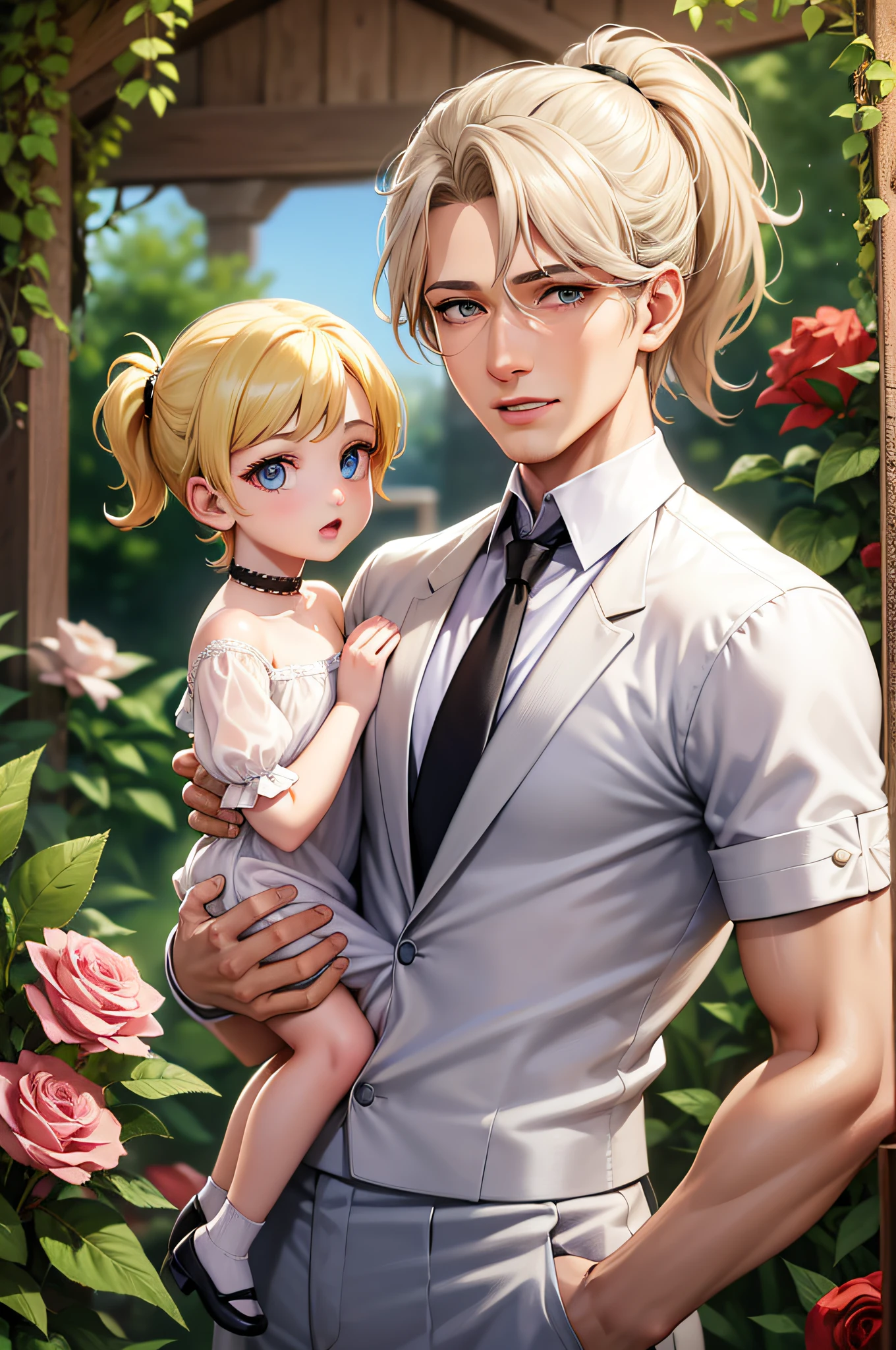 Masterpiece, high quality, absurdes, a guy wearing long white shirt and trousers, bare shoulders, bare collarbones, transparent, blonde hair, detailed eyes and face, blue eyes, beautiful face, ponytail, walking in a garden with his son, father and son, German empire outfits, 5 y.o boy, royal, imperial, noble, bloomig garden on background, flowers, roses, 19th century outfits, corgi puppy