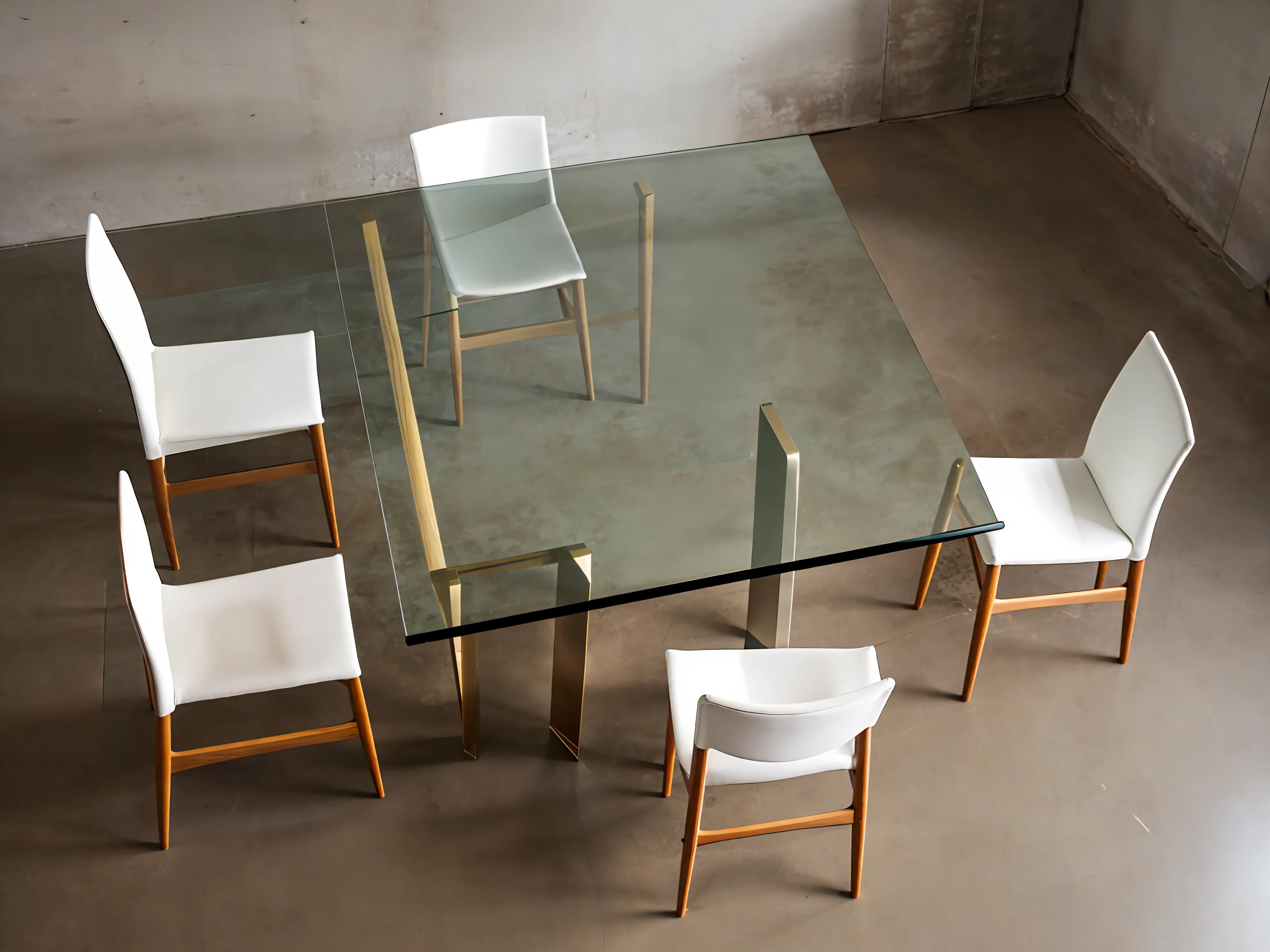 (dining table:1.2, glass:1.1) in perspective from above, four chairs inserted into the scene, minimalist decoration, warm, cozy lighting.