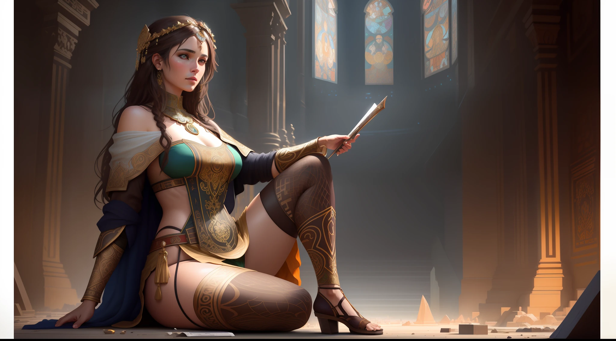 photorealistic beautiful woman, messy brown hair, beggar, full body, cover, hyperdetailed painting, luminism, Bar lighting, complex, ancient greek clothes, messy brown old clothes, 4k resolution concept art, Artgerm, WLOP, Alphonse Mucha, 3d render, octane render, intricately detailed, cinematic, trending on artstation | Isometric | Centered hipereallistic cover photo awesome full color, hand drawn, dark, gritty, realistic mucha, klimt, erte .12k, intricate. hit definition , cinematic,Rough sketch, mix of bold dark lines and loose lines, bold lines, on paper, Full body.