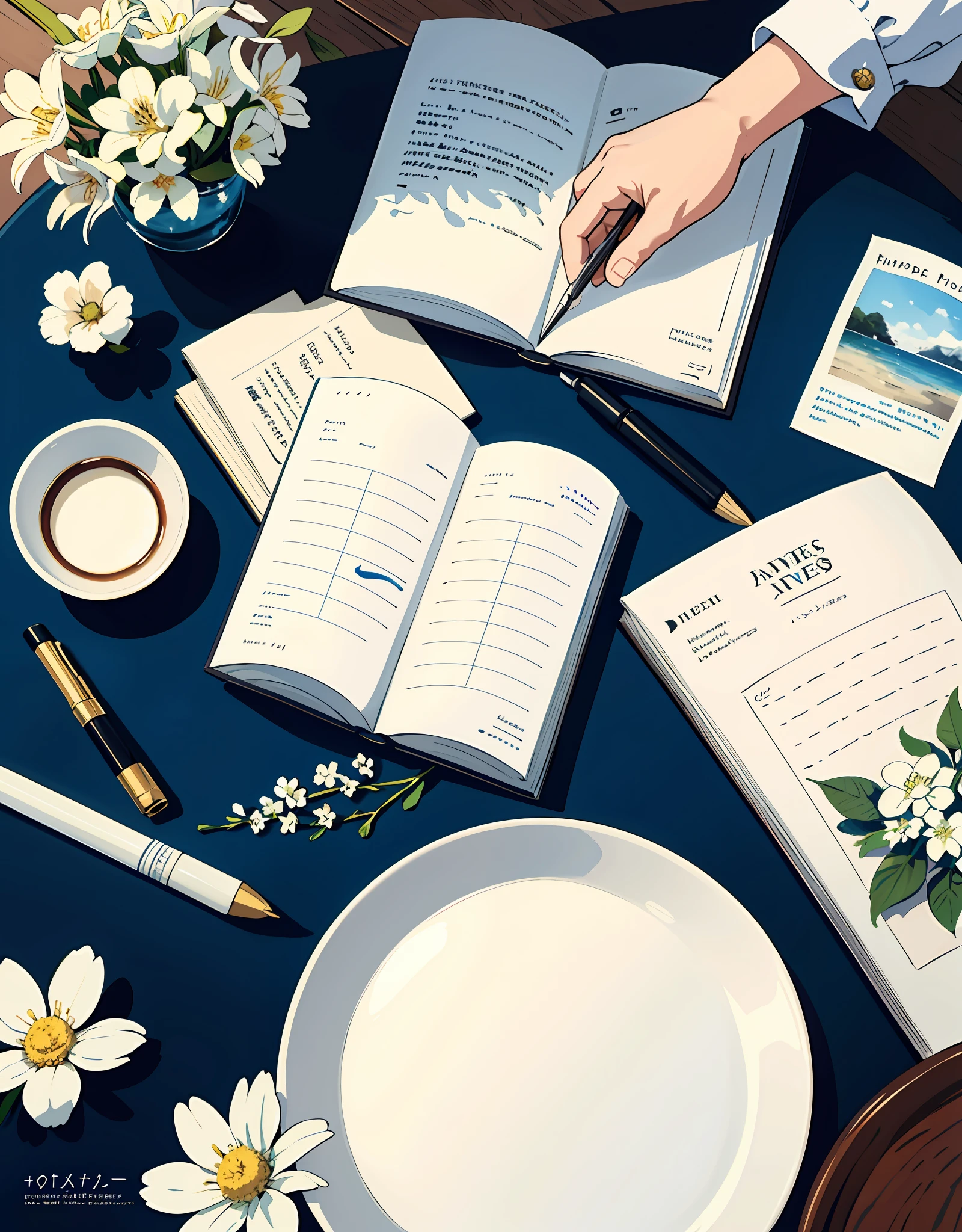 No figures, direct painting on canvas, top view, tabletop, white flowers, books, pens, magazine titles, gentle light
