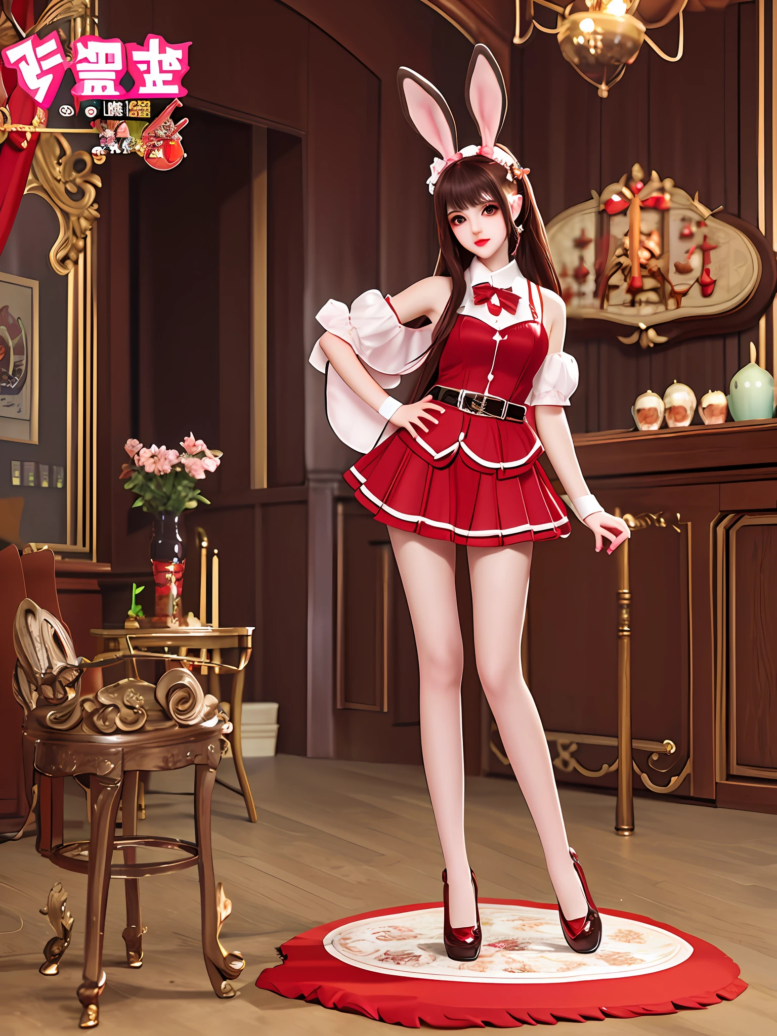 Comic style, reddish cheeks, big eyes, cute rabbit ears, charming short skirt, enchanting figure, sexy atmosphere, coquettish expression, young girl innocent, beautiful long legs