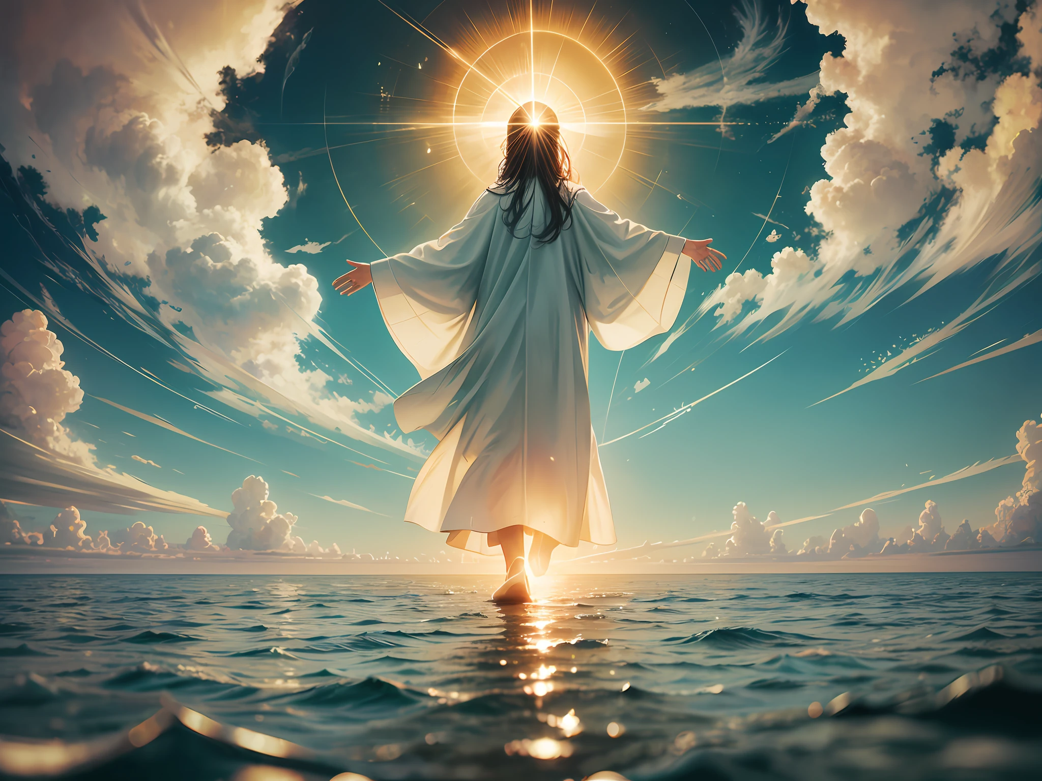 Image of Christ walking on water sun and clouds and a child --auto --s2