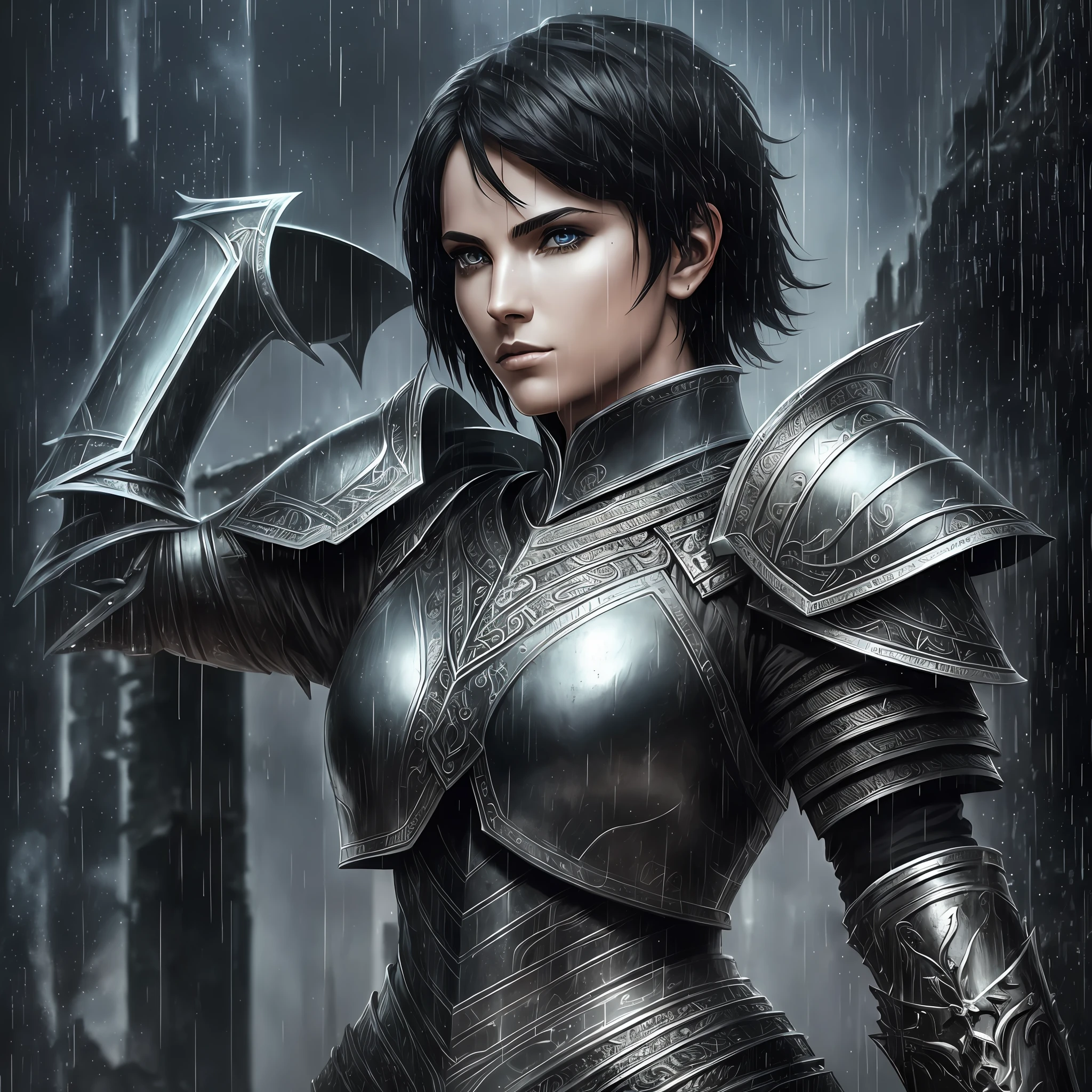 dark fantasy warrior in armor, in the style of androgynous conceptual art, black graffiti, monumental sets, crossed armor, christian warrior, joan of arc, woman with short black hair, intricate details, painting \(work of art\), ((masterpiece, best quality)), ((cinematic light)), dark fantasy, detailed armor, beautiful detailed eyes, hybrid, open, rainy day