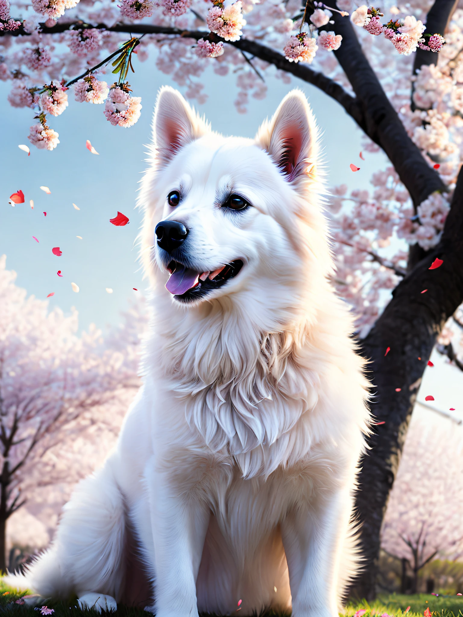 A white dog sits under a cherry blossom tree, petals falling with the wind, looking up into the distance, soft volumetric light, (backlight: 1.3), (movie: 1.2), intricate details, (ArtStation: 1.3), Rutkowski