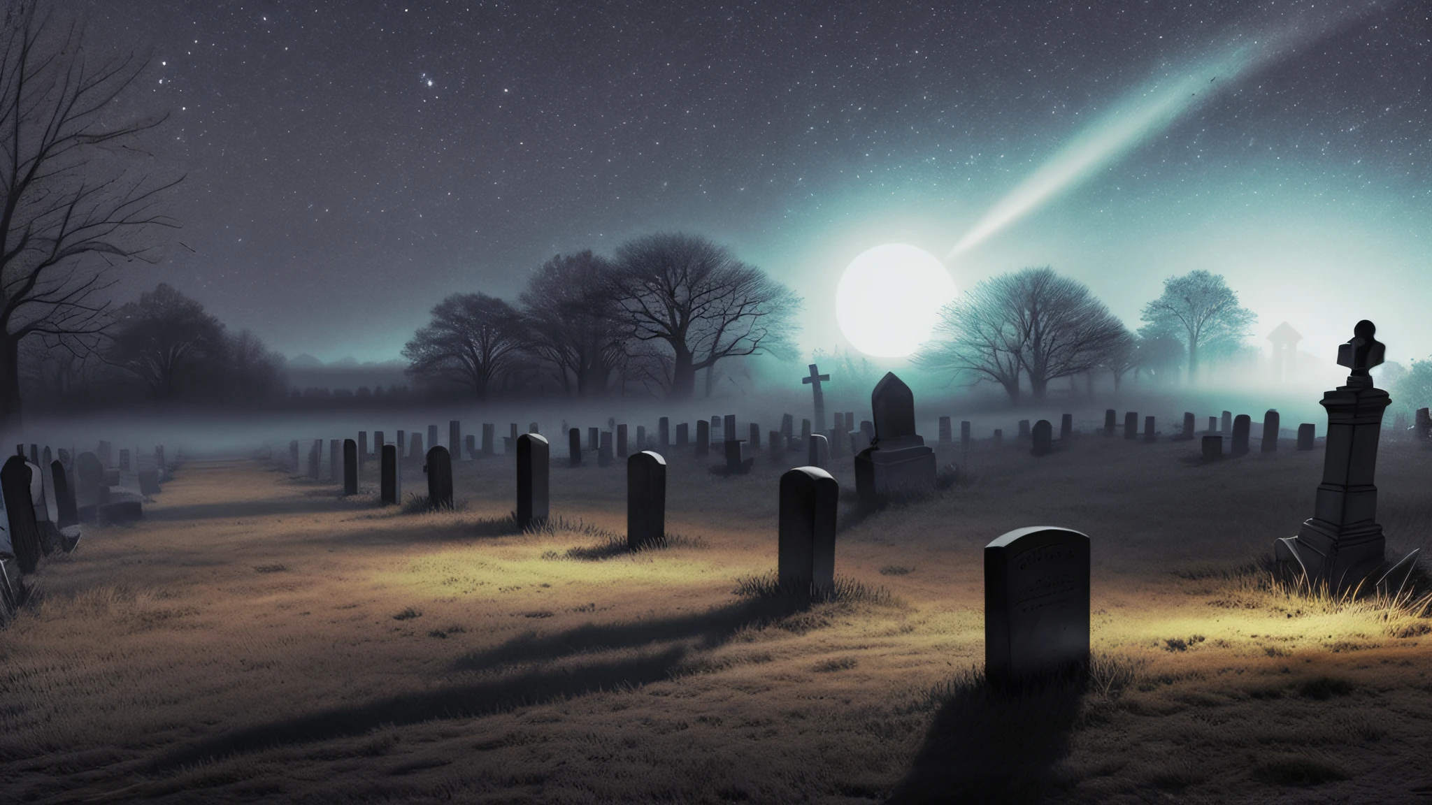 (dark magic:1.2), scary graveyard, fullmoon, moon light, beams of light, dense fog,  night, (intricate details), (hyperdetailed), 8k hdr,