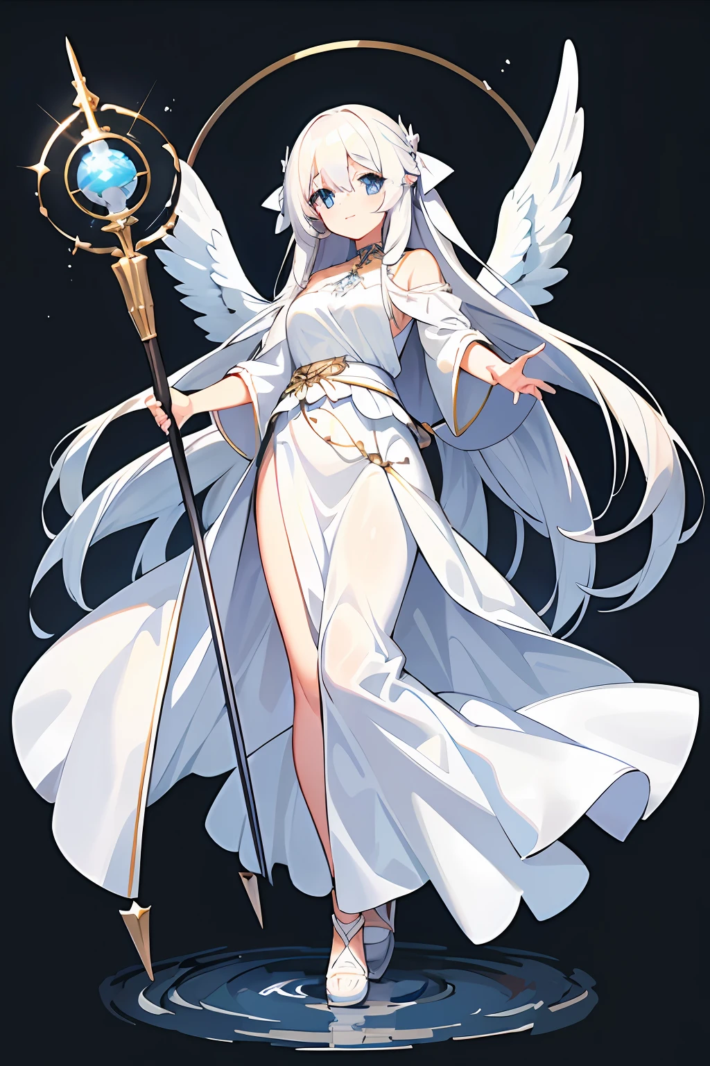 (masterpiece, best quality, high resolution), 1girl, long white hair, blue eyes, angel, angel wings, greek clothes, white clothes, light smile, holding a staff, water, full body, simple background