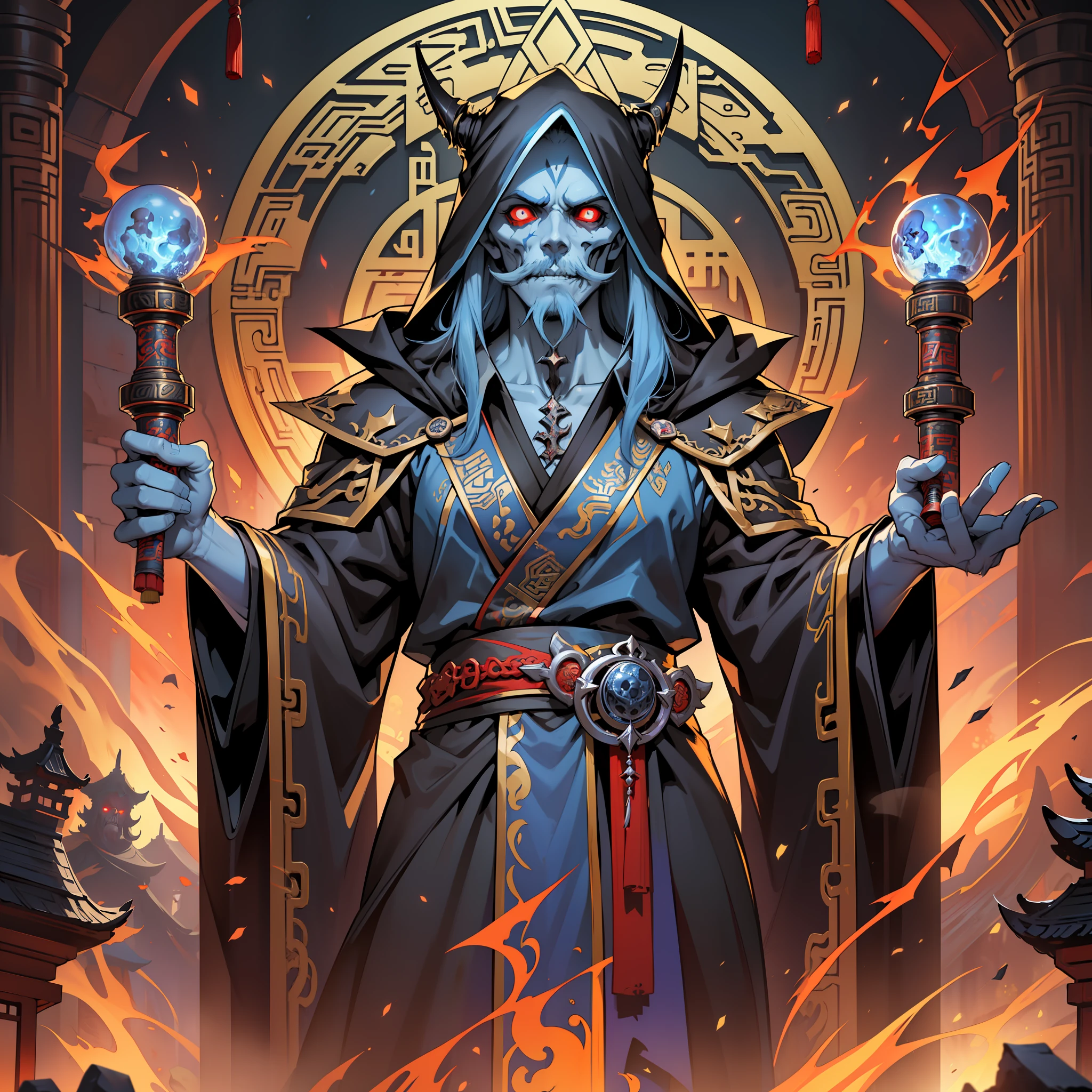 (extremely detailed 8k wallpaper:1.2), (best quality:1.2), (adventure and fantasy theme), profile (Paizo Pathfinder RPG character and Dungeons & Dragons), (((human race man))), (((lich, undead))), (((asiatica))), sharp focus, (subsurface scattering:1.1), award-winning photography, ((Chinese Necromancer's Lich Class:1.3)), ((half-body shot:1.1)), centered face, skeleton face, long white hair, long beard and mustache,  bright red eyes:1.2, malicious expression, villain, evil, wearing black archmage chinese robe, skull and death theme, (standing inside temple of death:1.3), (very detailed background:1.2),dramatic lighting