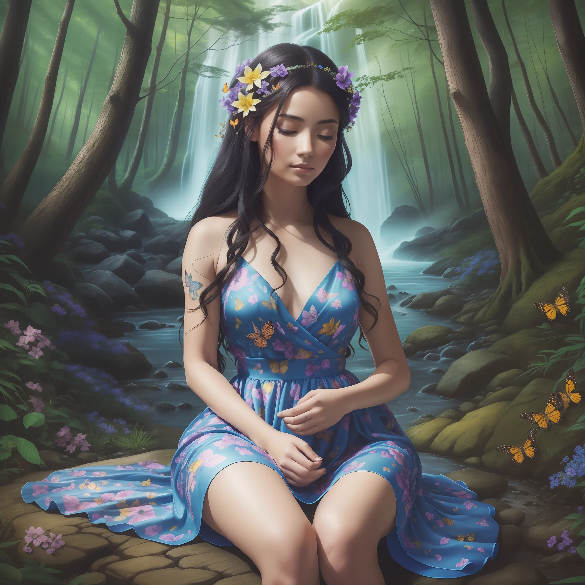 (Masterpiece, Superior Quality, Best, Official Art, Beautiful and Aesthetic, Long Exposure: 1.2) Woman sitting on a rock meditating, near a waterfall in a dark magical forest, with flowers and magic trees shining in neon blue and purple, She wears a blue dress ,showing her tattoos, her dark hair is bound elegantly, her face delicate and serene, In her hands, she holds a Japamala, Her eyes are closed, showing serenity. Around it butterflies shine strongly in yellow and orange color fly, dark setting, dense forest, few colors