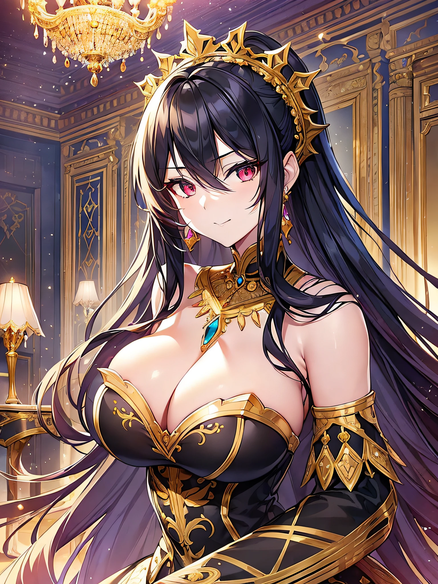 ((anime moe artstyle)),(((Masterpiece))), ((Best Quality)), ((Super Detail)), (Illustration), (((Very Delicate and Beautiful))),Dynamic Angle,Looking at viewer,((((Solo)))),((1 arrogant lady)),(a beautiful fantasy arrogant empress),(((Full body))),Standing,royal elegant pose,((dominant pose)),(arrogant),((haughty smile)),Purple eyes,(Sharp eyes),Detailed Face, Long Eyelashes,(Jet Black Hair),(Straight Hair),(((Very Long Hair))),Bangs between eyes, ((((gigantic breasts)))),cleavage,(skindentation),curvy,(ball gown with gorgeous embroidered black and gold ruffles),(gorgeous embroidered black and gold ball gown),(fluffy Black and gold ballgown with gorgeous embroidery),corset,((hoop skirt)),(princess dress with lots of jewels),((gorgeous embroidery)),(gold trim),((crinoline)),opera gloves,finely decorated jeweled tiara, gem earrings,finely decorated necklace,((Beautifully jeweled ornaments)),indoor,royal ballroom,light particles,