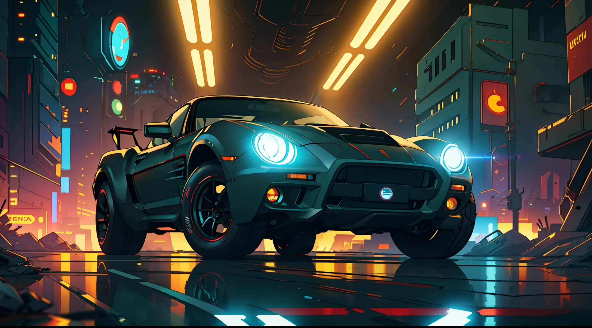 (Masterpiece)+, (Best Quality)+, (Complex Detail)+, cyberpunk car, matte black paint, showroom concept, lens flare, camera artifact, professional photographer, 4k, HDR, longitudinal symmetry