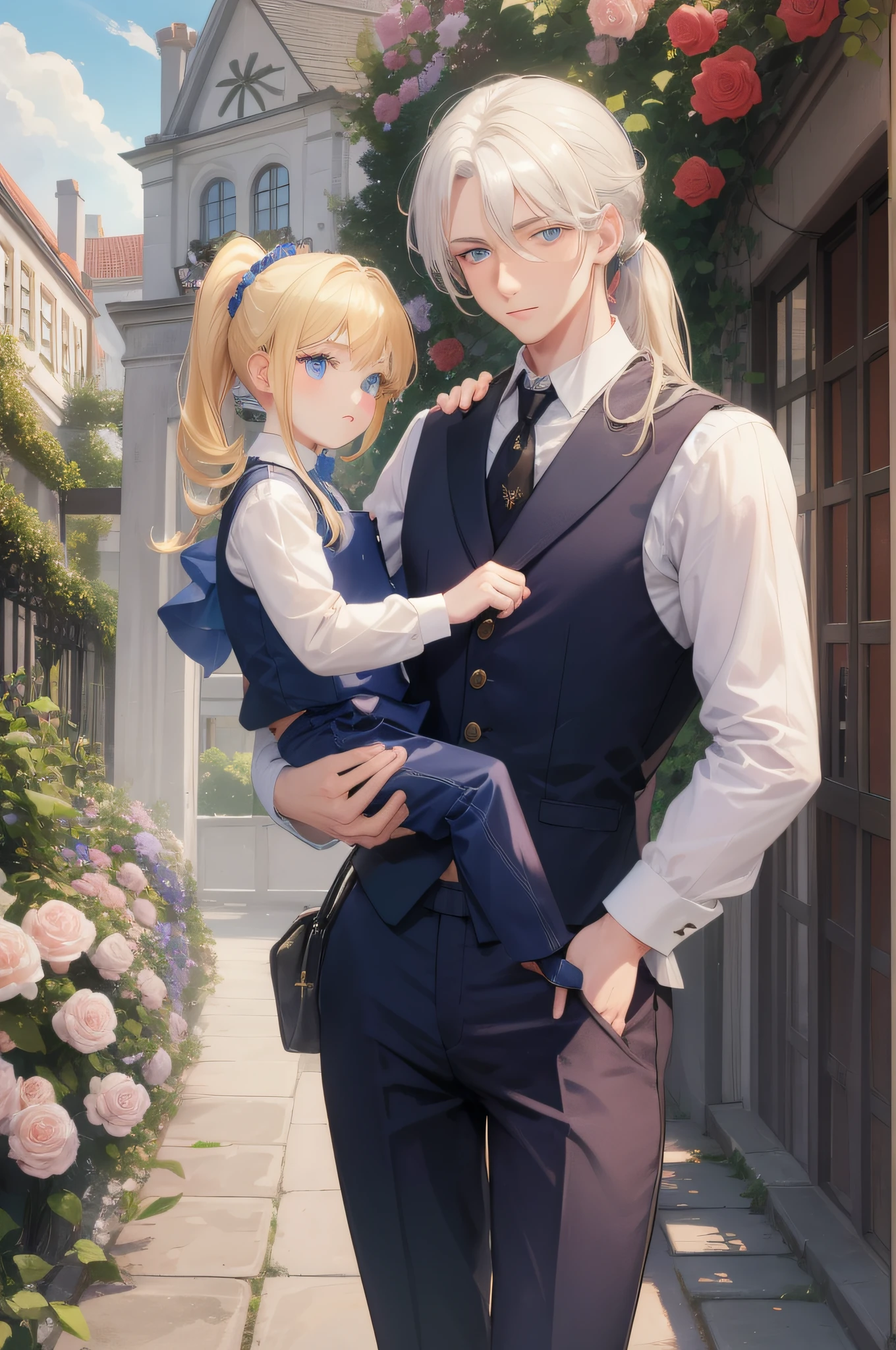 Masterpiece, high quality, absurdes, a guy wearing long white shirt and trousers, blonde hair, detailed eyes and face, blue eyes, beautiful face, ponytail, walking in a garden with his son, father and son, German emire outfits, 5 y.o boy, royal, imperial, noble, bloomig garden on background, flowers, roses, 19th century outfits, corgi puppy