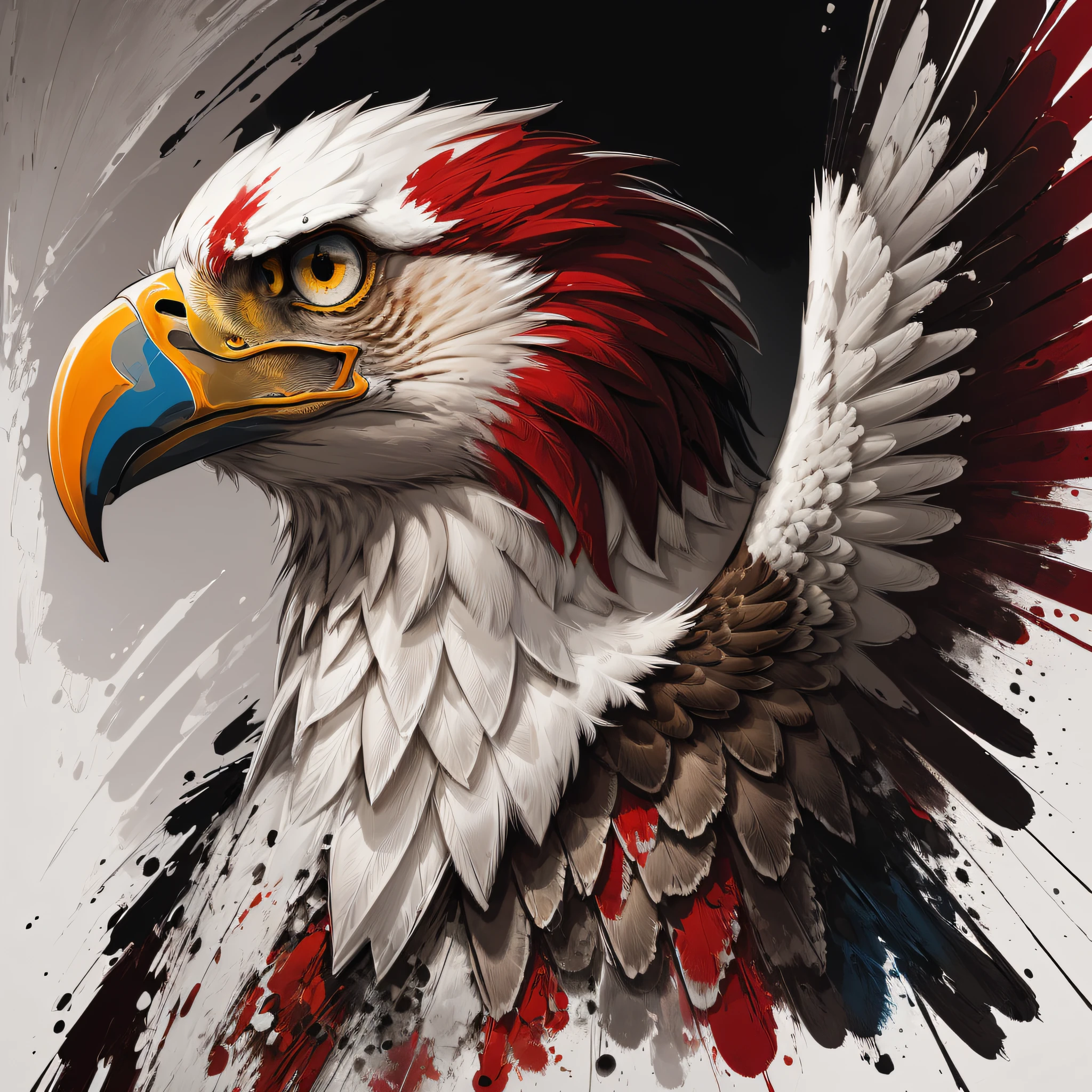 An image of a striking portrait of a [Eagle] , painted in a bold and expressive style, lit by a dramatic spotlight, extremely detailed, ultra realistic, 10k high resolution, in the style of caricature, cartoon, manga, Pop Art, Surrealism, Abstract Expressionism, Red and White --auto --s2