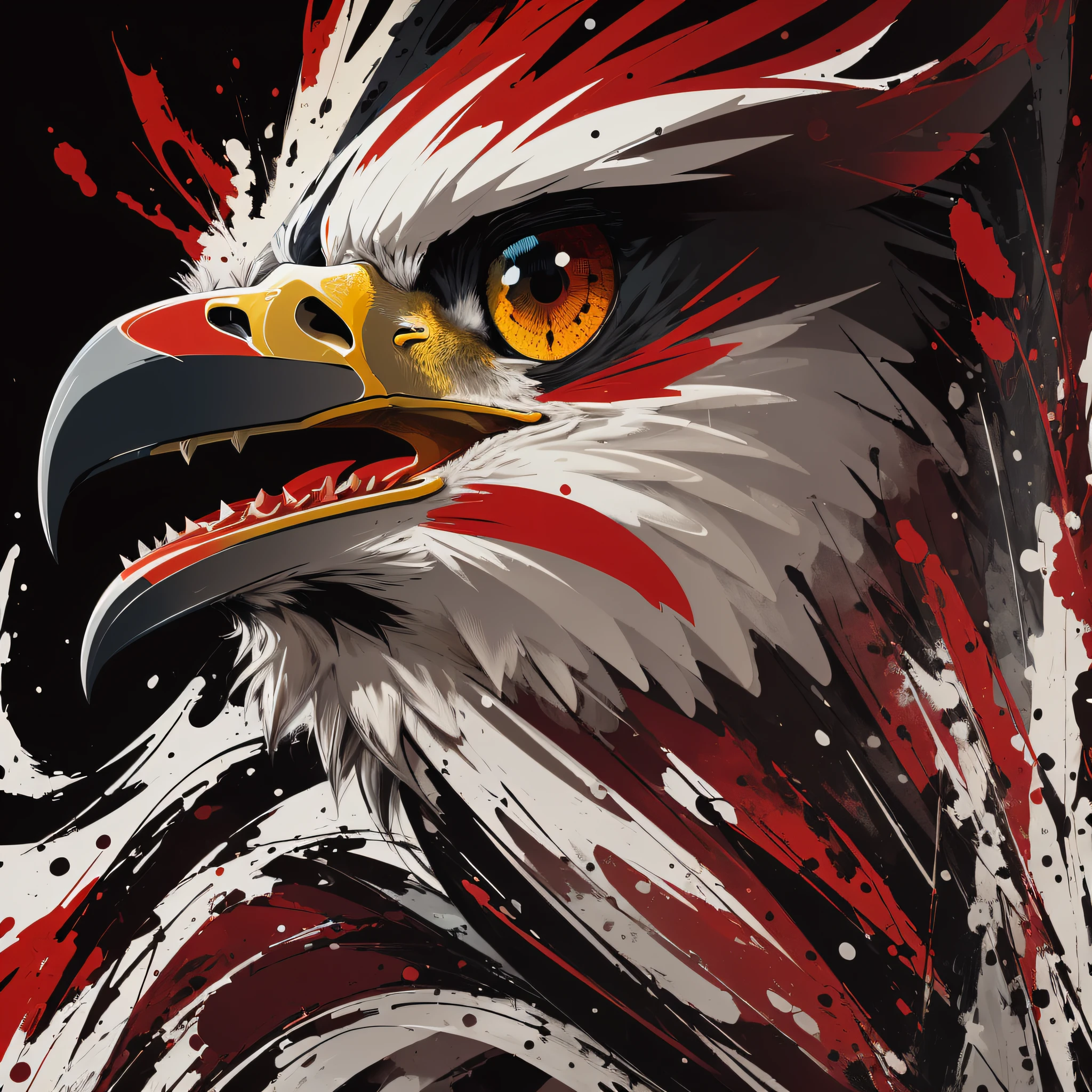 An image of a striking portrait of a [Eagle] , painted in a bold and expressive style, lit by a dramatic spotlight, extremely detailed, ultra realistic, 10k high resolution, in the style of caricature, cartoon, manga, Pop Art, Surrealism, Abstract Expressionism, Red and White --auto --s2