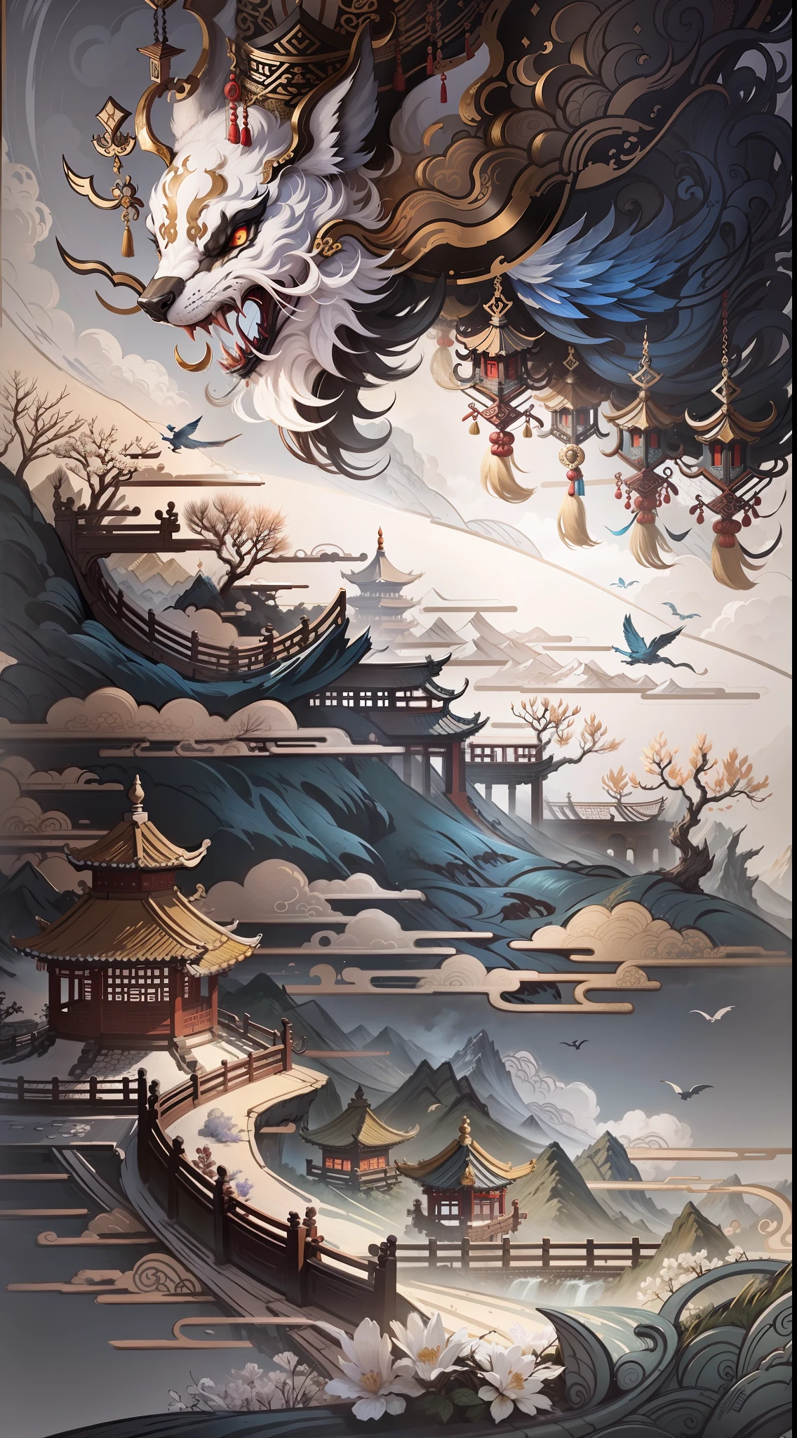 Ancient Chinese scenery, mountains, rivers, auspicious clouds, sunshine, white background, masterpiece, super detail, epic composition, Ultra HD, high quality, extremely detailed, official art, unified 8k wallpaper, Super detail, 32k -- v 6