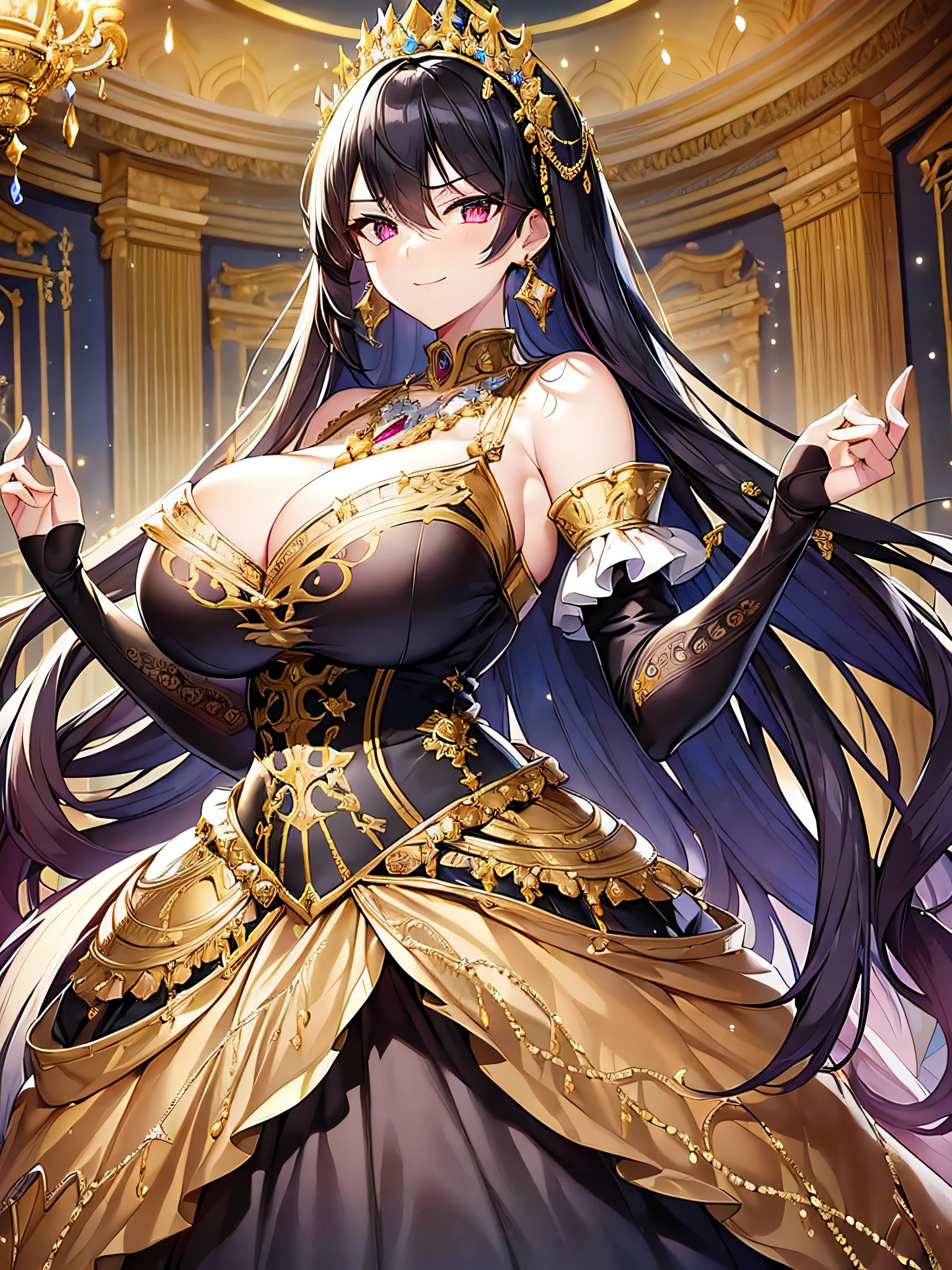 ((anime moe artstyle)),(((Masterpiece))), ((Best Quality)), ((Super Detail)), (Illustration), (((Very Delicate and Beautiful))),Dynamic Angle,Looking at viewer,((((Solo)))),((1 arrogant lady)),(a beautiful fantasy arrogant empress),((Full body)),(Standing),royal elegant pose,(((dominant pose))),((arrogant)),(((haughty smile))),Purple eyes,(Sharp eyes),Detailed Face, Long Eyelashes,Jet Black Hair,Straight Hair,((Very Long Hair)),Bangs between eyes, (((((huge breasts))))),cleavage,(skindentation),curvy,(rococo ball gown with gorgeous embroidered black and gold ruffles),((fluffy Black and gold ballgown with gorgeous embroidery)),off shoulder,corset,((finely decorated gorgeous embroidery)),(gold and silver trim),(((crinoline))),((opera gloves)),finely decorated jeweled tiara, gem earrings,finely decorated necklace,Beautifully jeweled ornaments,indoor,royal ballroom,Stained glass,light particles