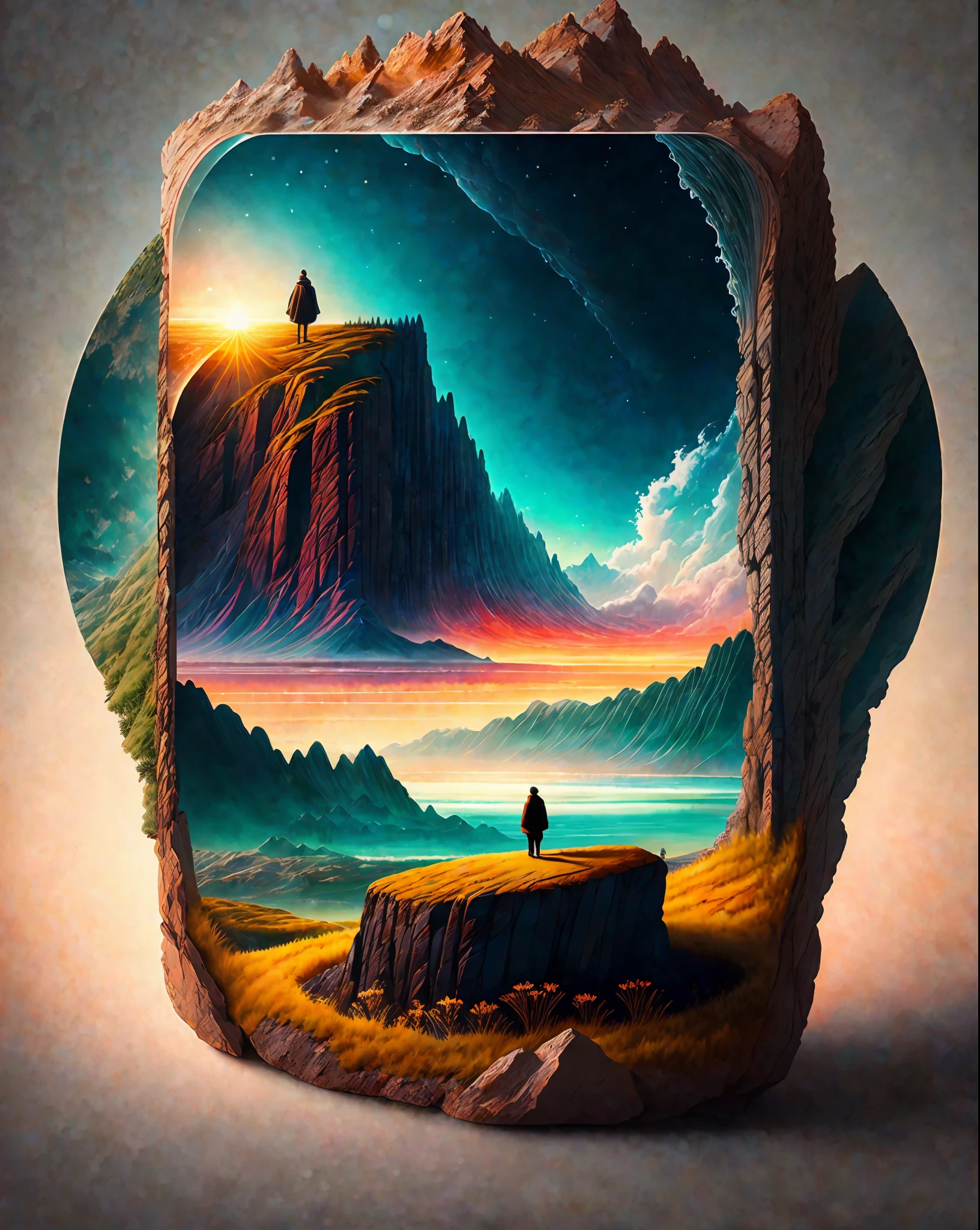 Craft a mesmerizing scene that deeply connects with the viewer, evoking a range of emotions and leaving an indelible impact without relying on words. Use a vibrant and contrasting color palette to intensify the visual impact. Depict a solitary figure standing at the edge of a breathtaking cliff, overlooking a vast and awe-inspiring landscape. Let the figure's posture and facial expression convey a mixture of awe, contemplation, and a hint of melancholy. Surround the scene with elements of nature, such as swirling clouds, distant mountains, or a cascading waterfall, to enhance the immersive experience. Infuse the atmosphere with a touch of magic or mystery, perhaps through subtle glowing orbs or ethereal light. Allow the composition and details of the scene to captivate the viewer and invite them on an emotional journey that lingers in their thoughts long after they've seen the artwork., intricate, masterpiece, expert, insanely detailed, 4k, composition, centered, intricate, volumetric lighting, beautiful, sharp focus, ultra detailed