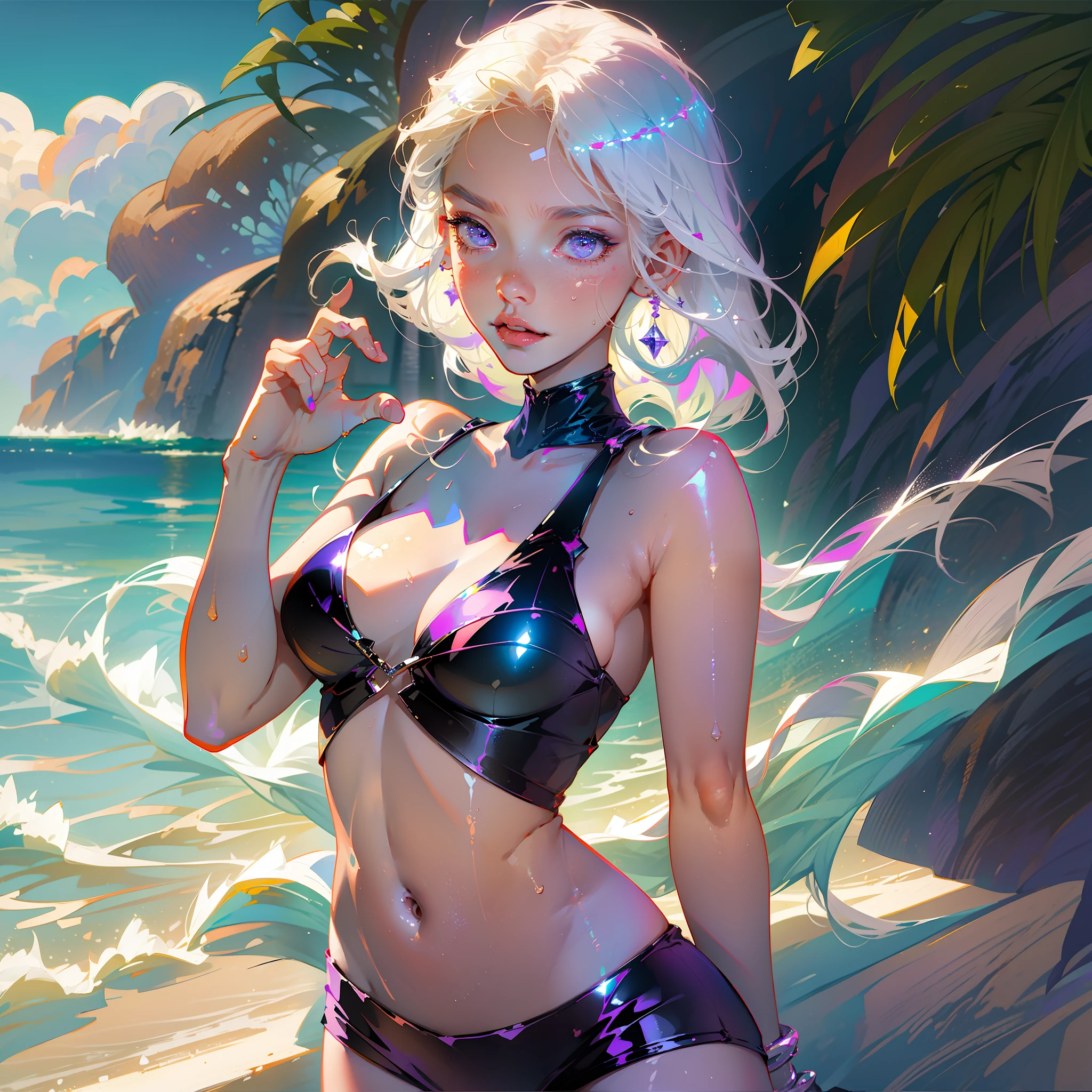 realistic, selfie, 1girl, white hair, purple eyes, parted lips, blush, makeup, light smile, bikini, beach, sweat, wet, light rays, glow, thighs, collarbone, narrow waist, (masterpiece), wallpaper, --auto --s2