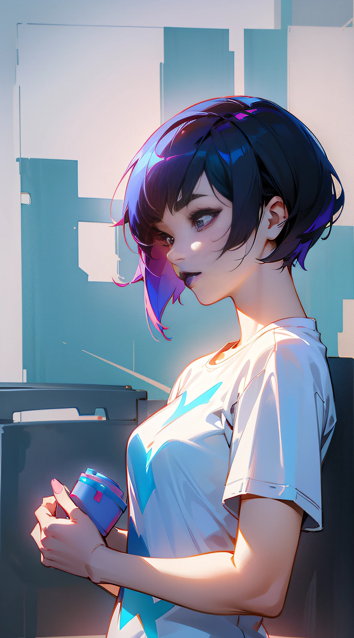 a woman with short blue hair and black lipstick, inspired by Leng Mei, d. va of Overwatch, 3D anime style happy profile picture, only in plain all-white wide T-shirt