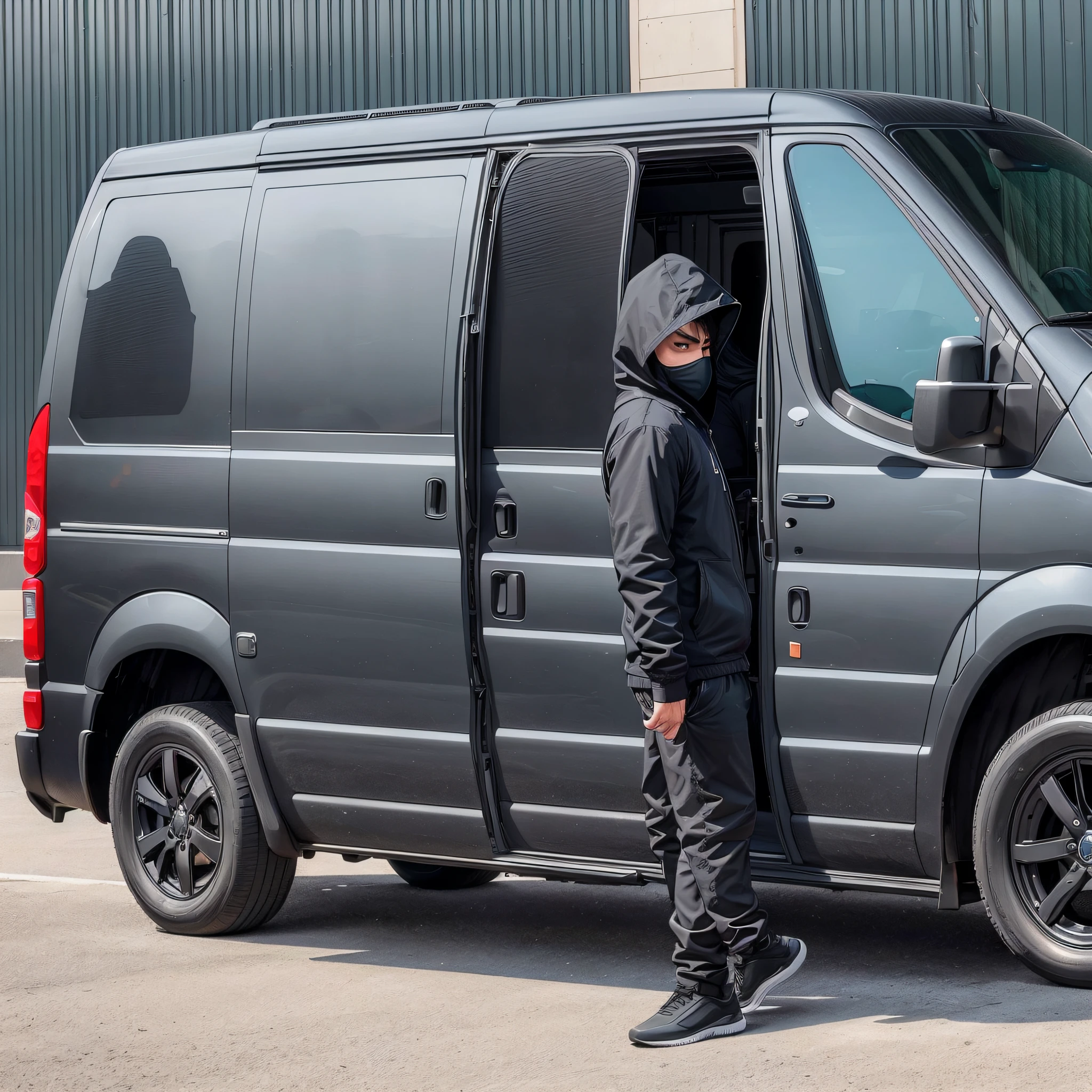 Two men in black hoods with their faces partially covered, both are in a van door, this van is black in color and is parked in an urban area. They are getting out of the van to kidnap a person. --auto --s2