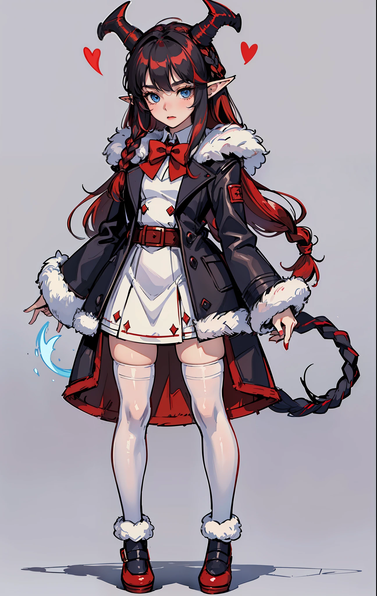 (cute, energetic, standing, full body standing: 1.4), (no background), (demon double horn: 1.2, elf ears, black hair, blue eyes), (twisted braid: 1.1, red fur coat, white stockings, small leather shoes), (high resolution), (beautiful white dress), (red hairpin at the top right), medium shot