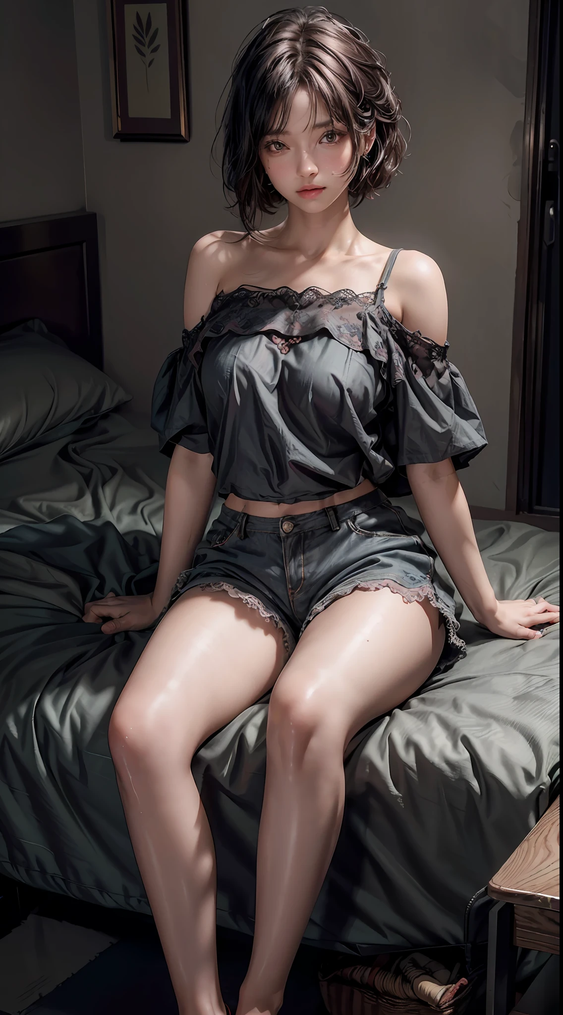 Best quality, masterpiece, ultra high res, (photorealistic:1.4), raw photo, 1woman hottie of 32 years old, goddess, off shoulder, pijama lace short pants, cinematic lighting