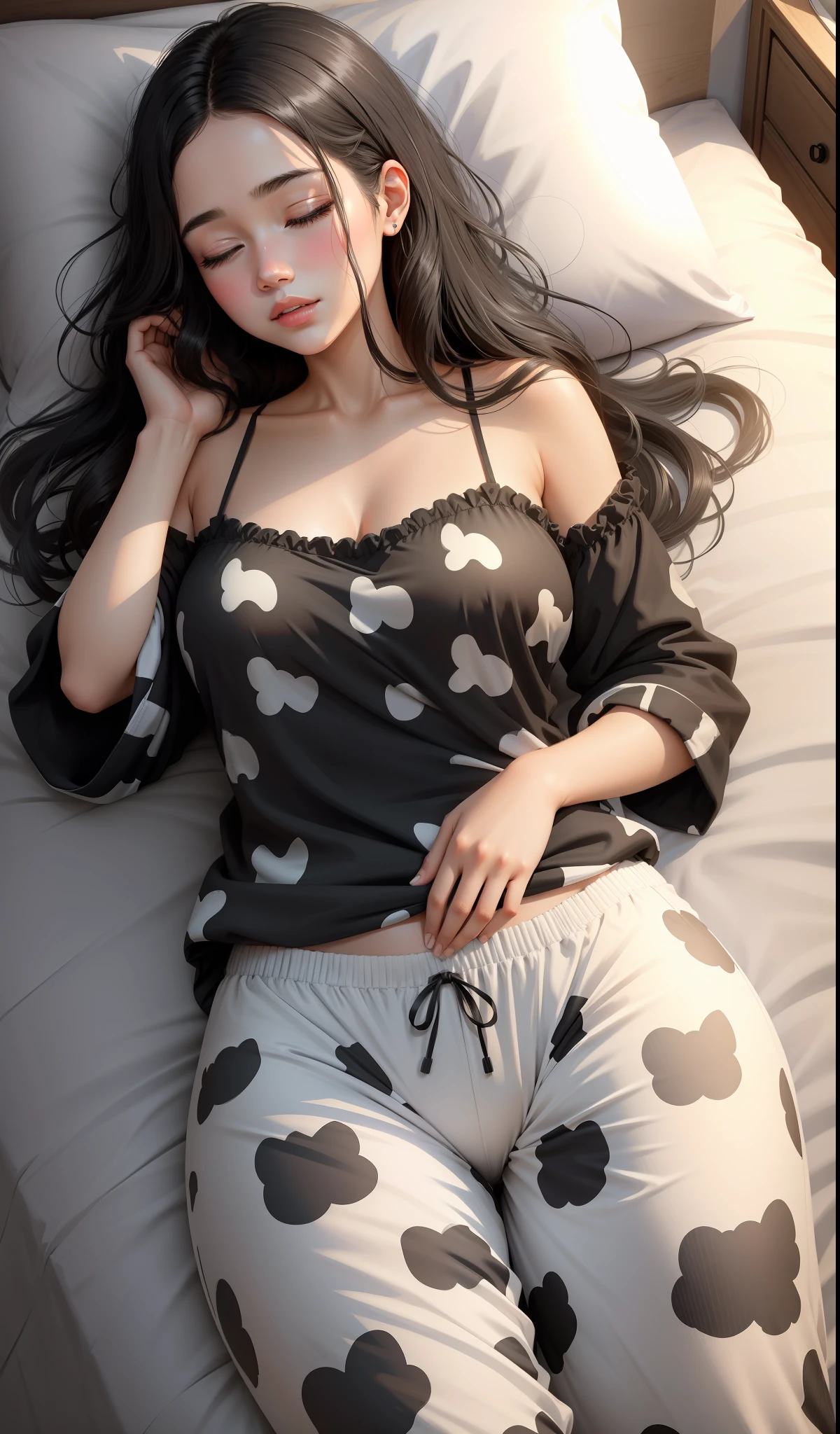 Sleeping girl, light brunette, 28 years old, realistic, black hair (length up to her breasts), medium breasts, is wearing long cow print pants (fluffy) is wearing cow print pajamas, 8k, uhd, harsh low light, high quality, sharp focus, fujifilm XT3