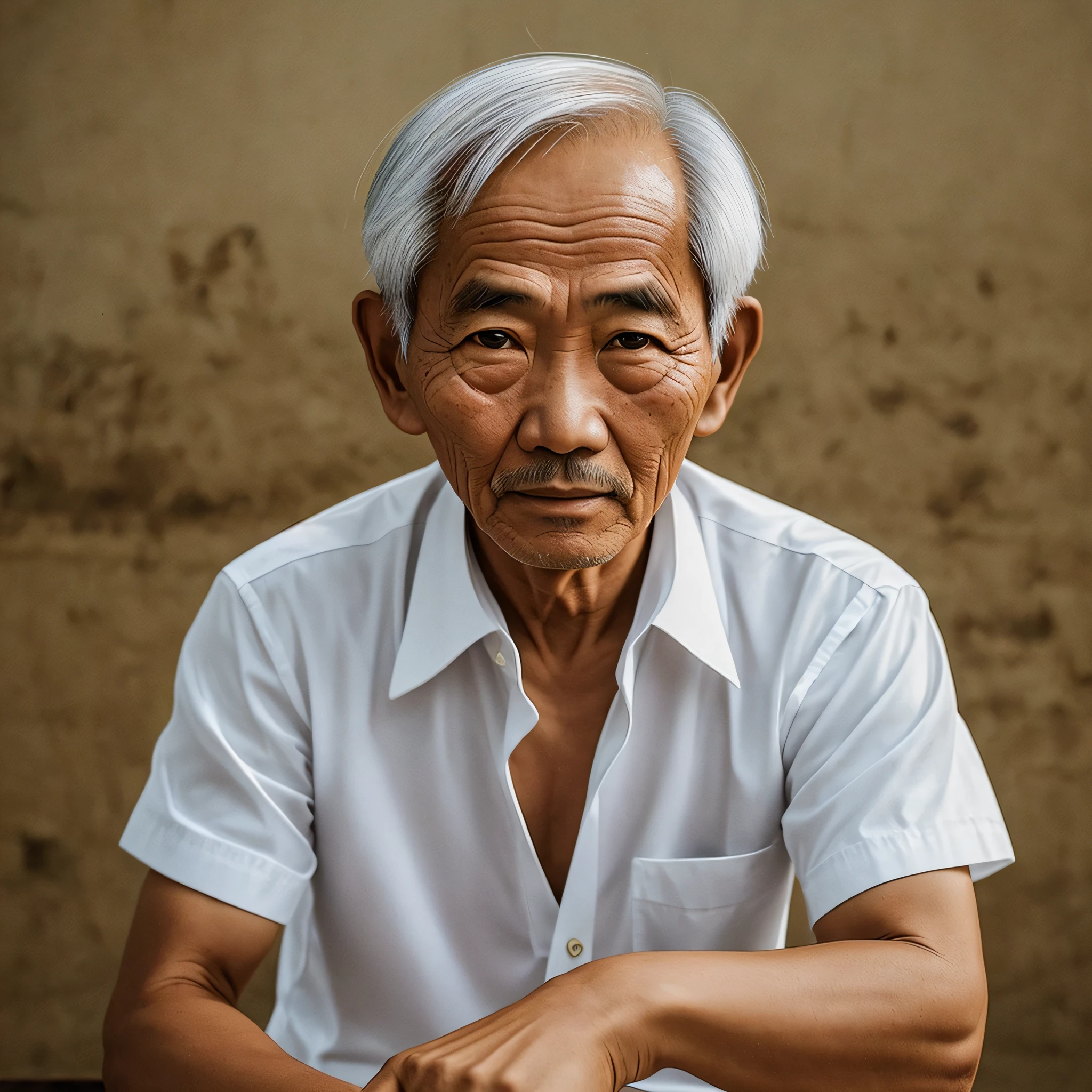 Thai Ngoc, Vietnamese peasant, older man, white shirt, looking forward, dark circles, sitting looking forward, short hair --auto --s2