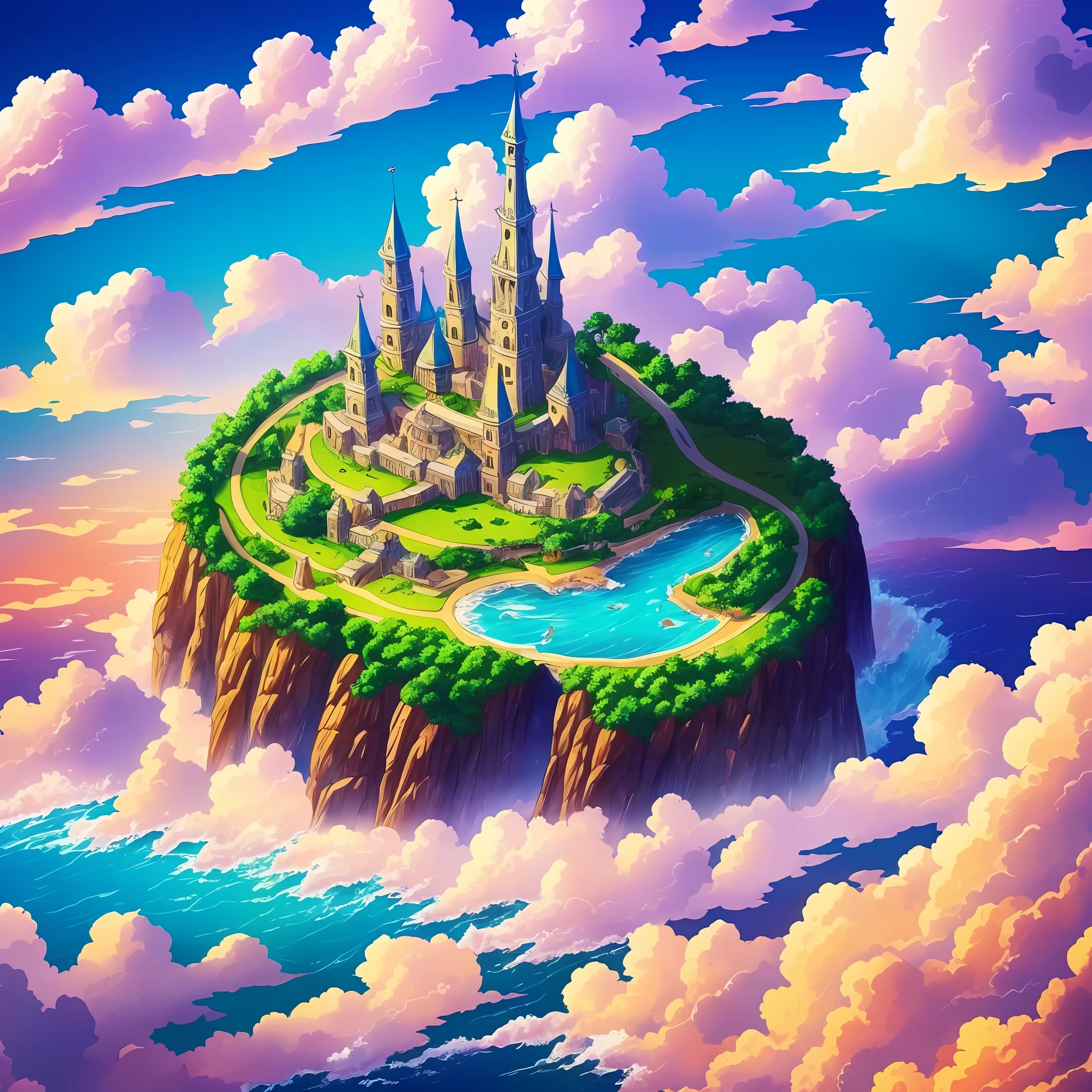 anime, island, sea, sun, clouds, vivid colors, hd, detailed --auto --s2
