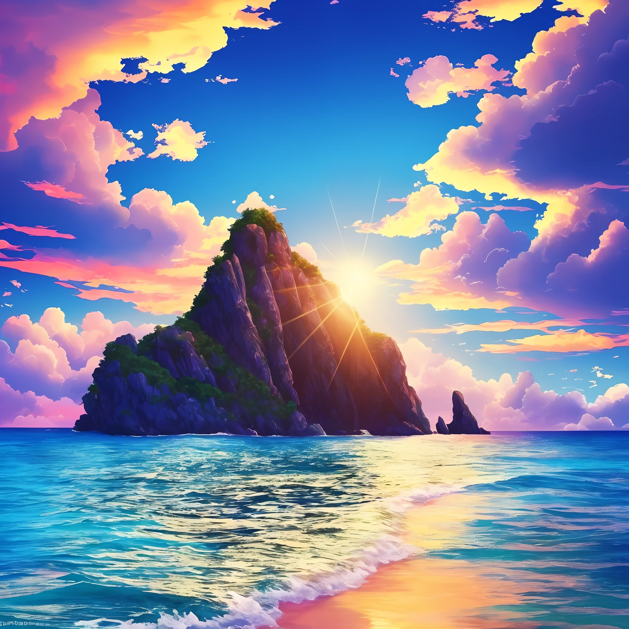 anime, island, sea, sun, clouds, vivid colors, hd, detailed --auto --s2