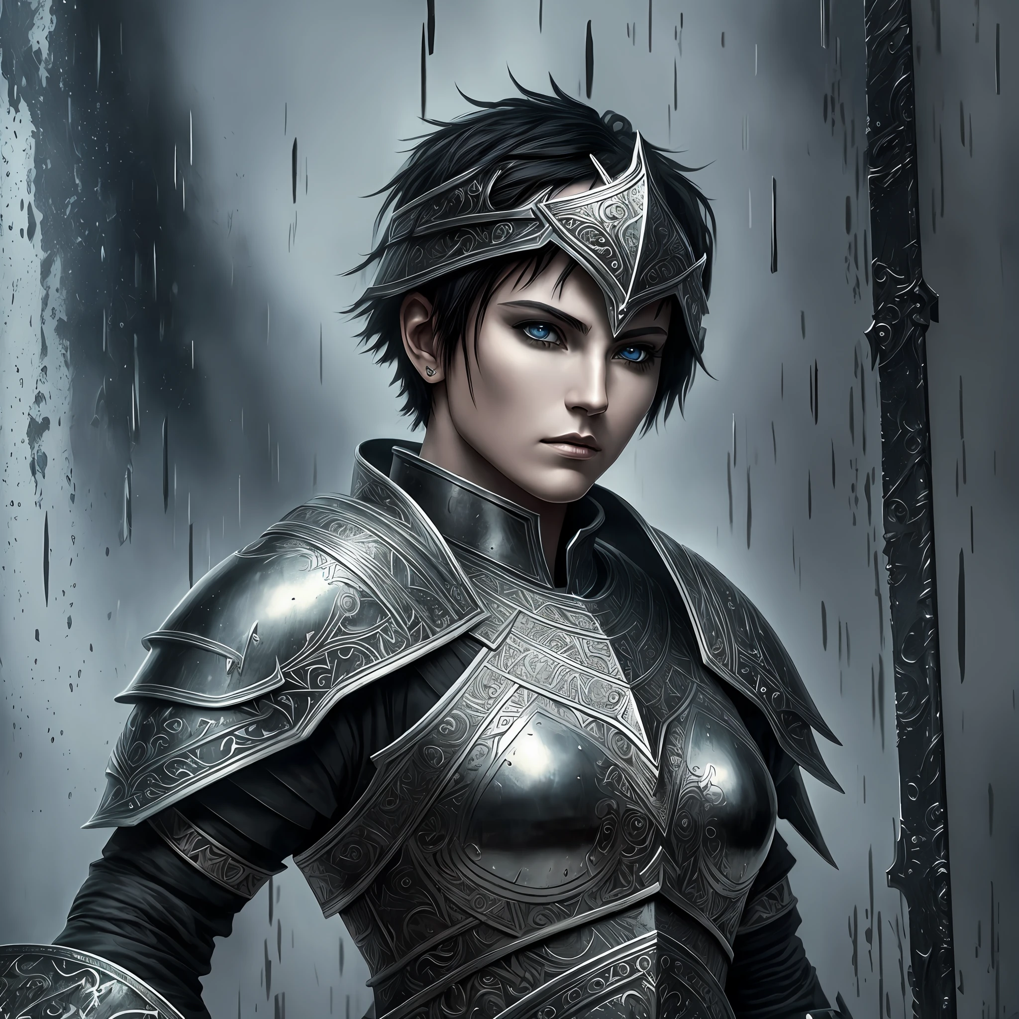 dark fantasy warrior in armor, in the style of androgynous conceptual art, black graffiti, monumental sets, crossed armor, christian warrior, joan of arc, woman with short black hair, intricate details, painting \(work of art\), ((masterpiece, best quality)), ((cinematic light)), dark fantasy, detailed armor, beautiful detailed eyes, hybrid, open, rainy day