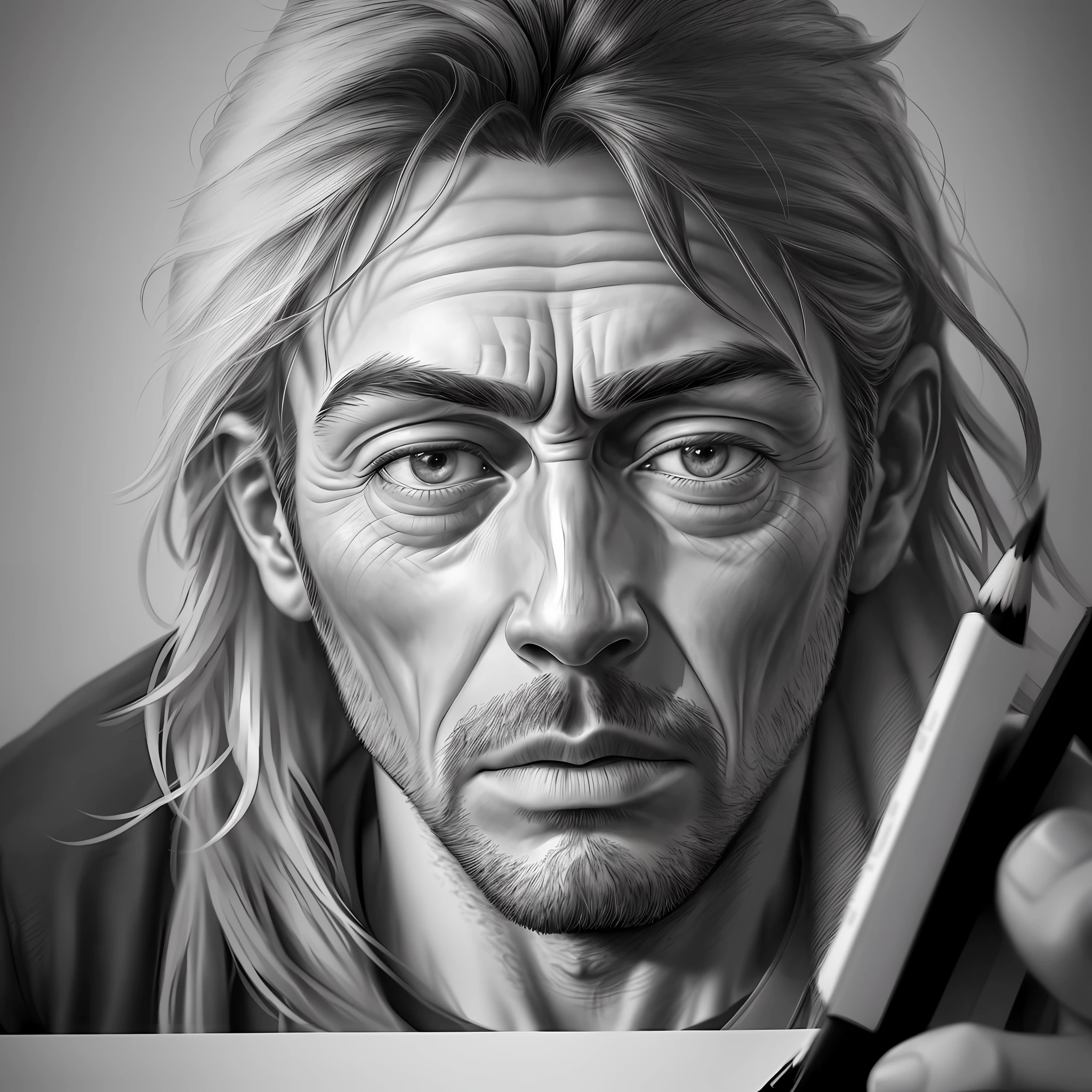 Hyper realistic photo of a man drawing with graphite pencils, well detailed, expression of tiredness, inside a studio with black and white art hanging on the wall. High resolution, size 1080px by 1350px