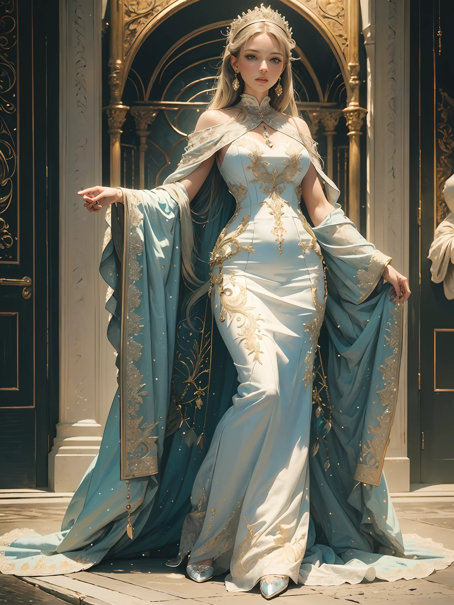 (realistic:1.3), finely detailed, UHD, (masterpiece:1.2), (photorealistic:1.2), (detailed skin:1.3), (intricate details), white woman, 25 years old, small breasts, very detailed clothes, big pale blue eyes, (tall), ((full body)), standing, looks at viewer, very sexy dress, jewelry