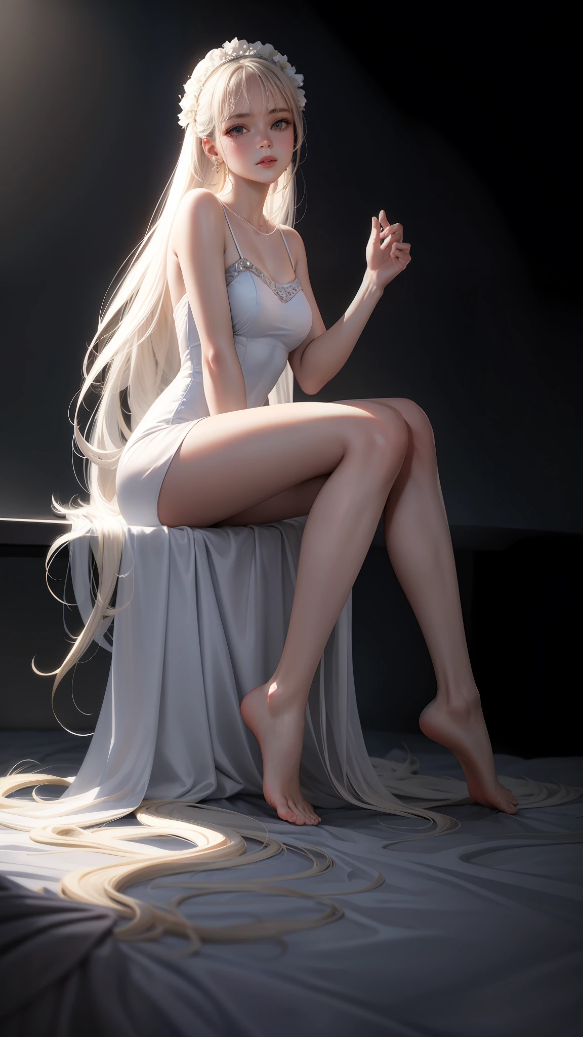 ((best quality, masterpiece)), ultra-realistic, white silk dress, bare legs, elegant pose, delicate facial features, soft lighting, pastel colors, ambient atmosphere.