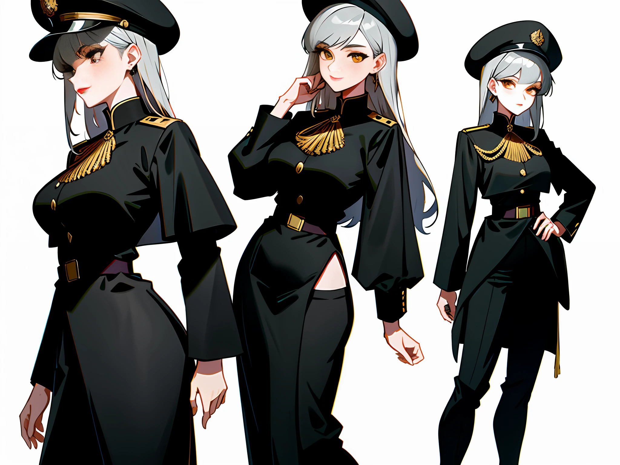 Masterpiece: 1.6, best quality: 1.4, live image: 1.2, intricate details: 1.2, charturnerv2: 1.2, 1lady full body character change,
Appearance: milf: 1.25, thin: 1.3, golden eyes, medium breasts, detailed eyes, quality eyes,
Clothing: elegant black military uniform, black long throw pants, long thigh boots with laces and thick heels.
Accessories: black elegant military hat, black earrings.
Hair: platinum hair, long hair, straight hair with bangs.
Makeup: natural, shiny skin, red lips.
(single background, white background: 1.3), multiple views, multiple views of the same character in the same outfit: 1.3.