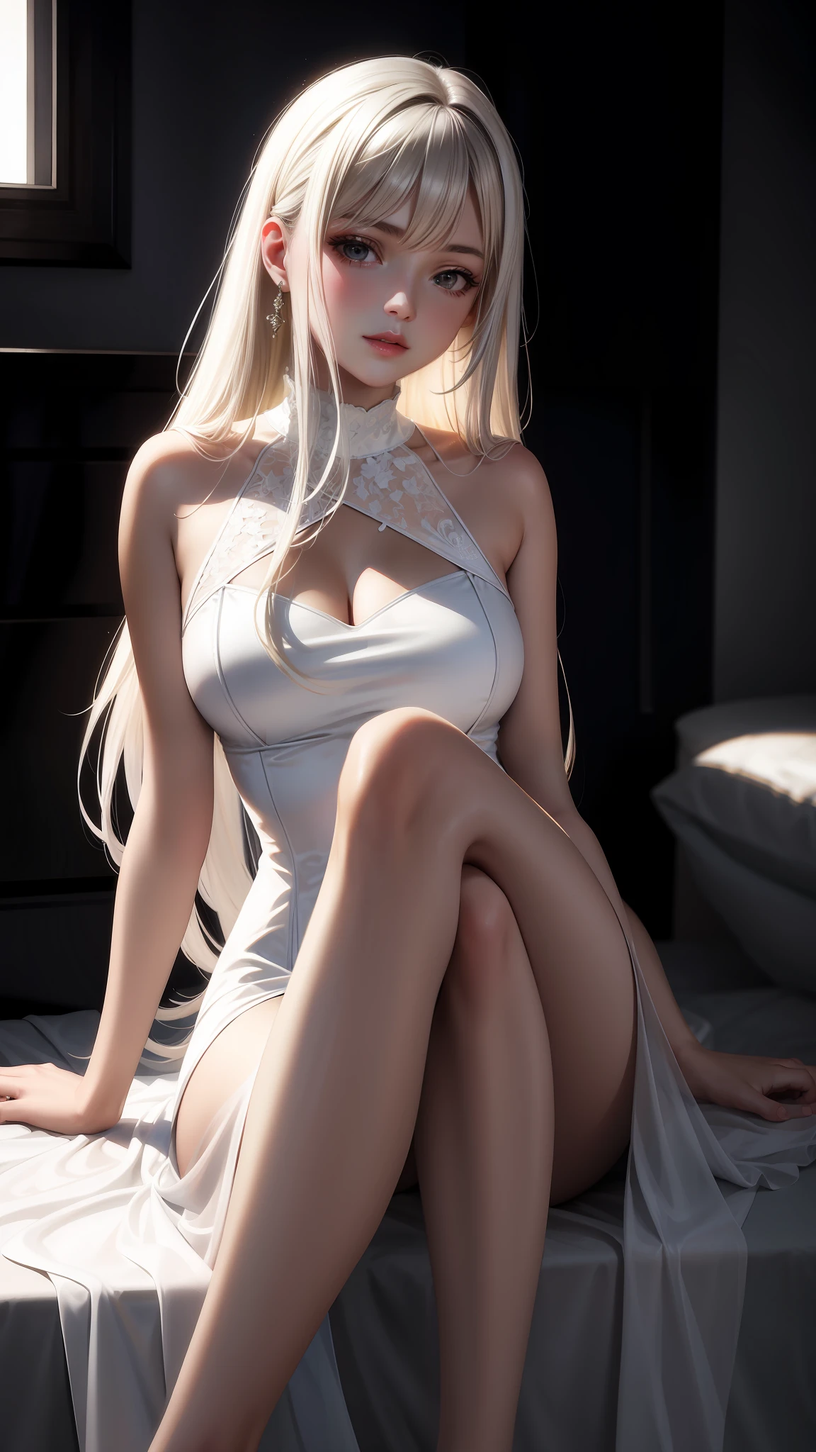 ((best quality, masterpiece)), ultra-realistic, white silk dress, bare legs, elegant pose, delicate facial features, soft lighting, pastel colors, ambient atmosphere.