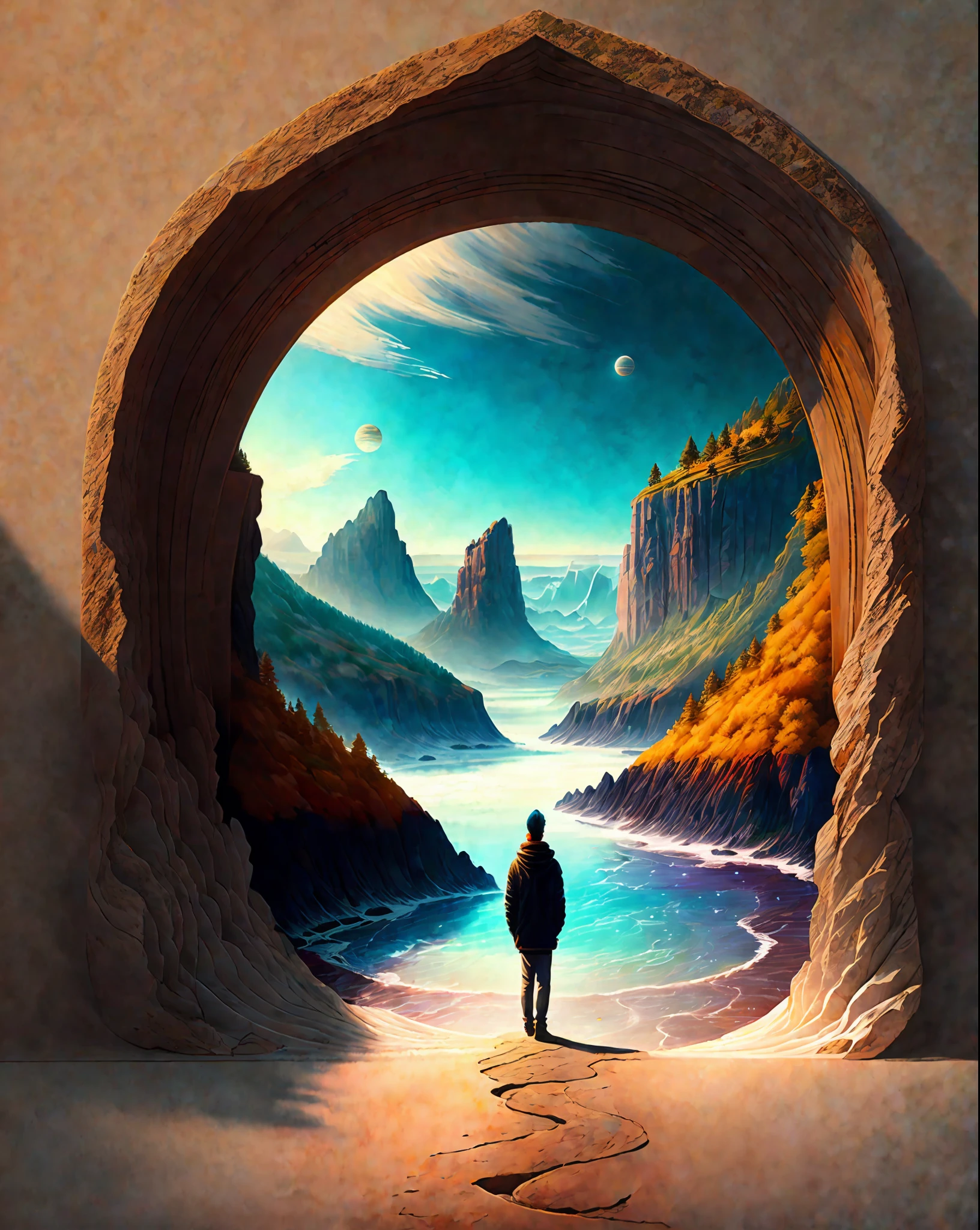 Craft a mesmerizing scene that deeply connects with the viewer, evoking a range of emotions and leaving an indelible impact without relying on words. Use a vibrant and contrasting color palette to intensify the visual impact. Depict a solitary figure standing at the edge of a breathtaking cliff, overlooking a vast and awe-inspiring landscape. Let the figure's posture and facial expression convey a mixture of awe, contemplation, and a hint of melancholy. Surround the scene with elements of nature, such as swirling clouds, distant mountains, or a cascading waterfall, to enhance the immersive experience. Infuse the atmosphere with a touch of magic or mystery, perhaps through subtle glowing orbs or ethereal light. Allow the composition and details of the scene to captivate the viewer and invite them on an emotional journey that lingers in their thoughts long after they've seen the artwork., intricate, masterpiece, expert, insanely detailed, 4k, composition, centered, intricate, volumetric lighting, beautiful, sharp focus, ultra detailed