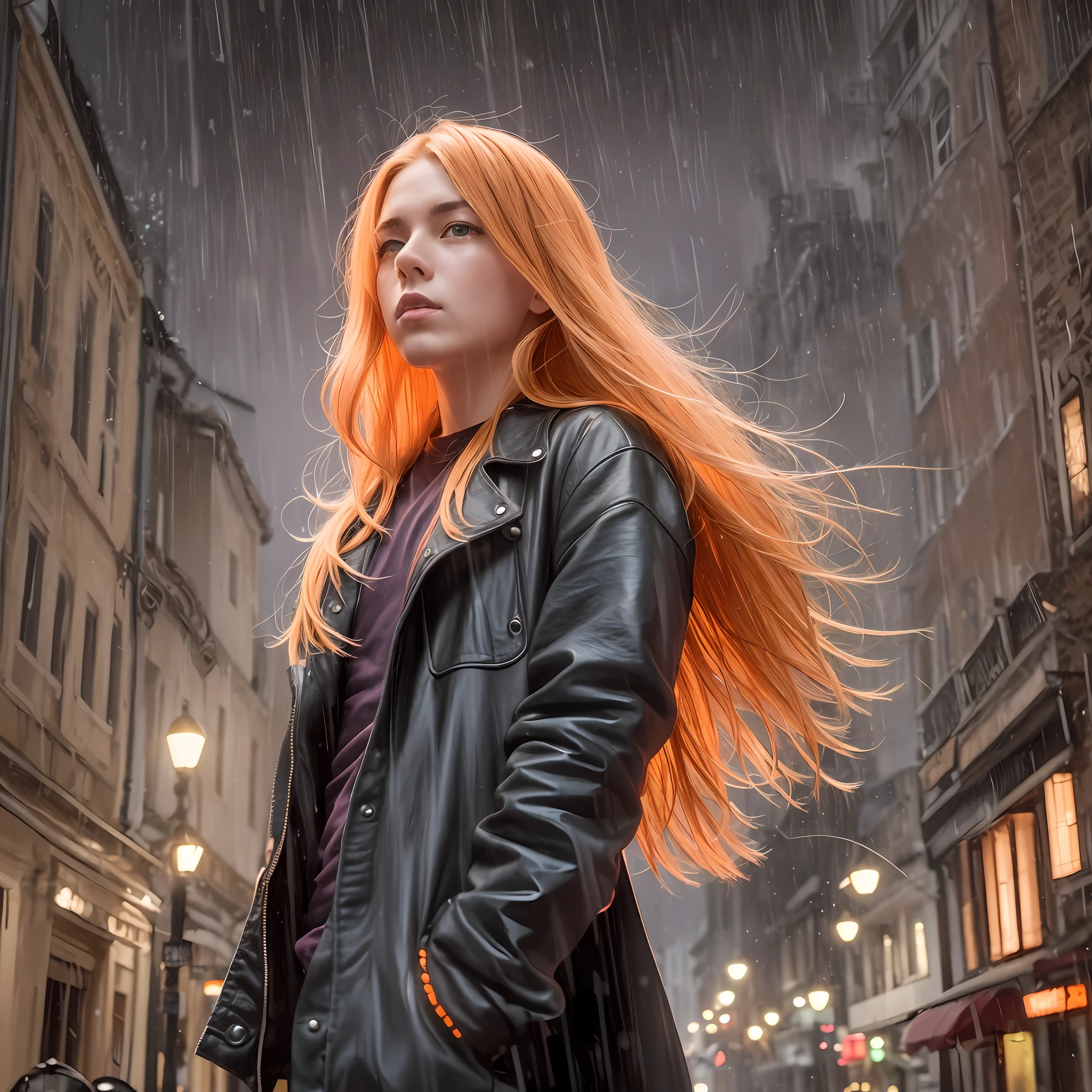 (Ultrarealistic: 1.3), (grainy: 0.8), natural lighting, medieval city, (rain: 1.3), (dark: 1.3), (fog: 1.2), red lights, orange lights, blue lights E boy, blonde hair, long hair, black cover, light logo, [black clothing: torn fabric: 0.35], red lights, orange lights, menacing, sharp, (Cool colors: 0.75) --auto --s2
