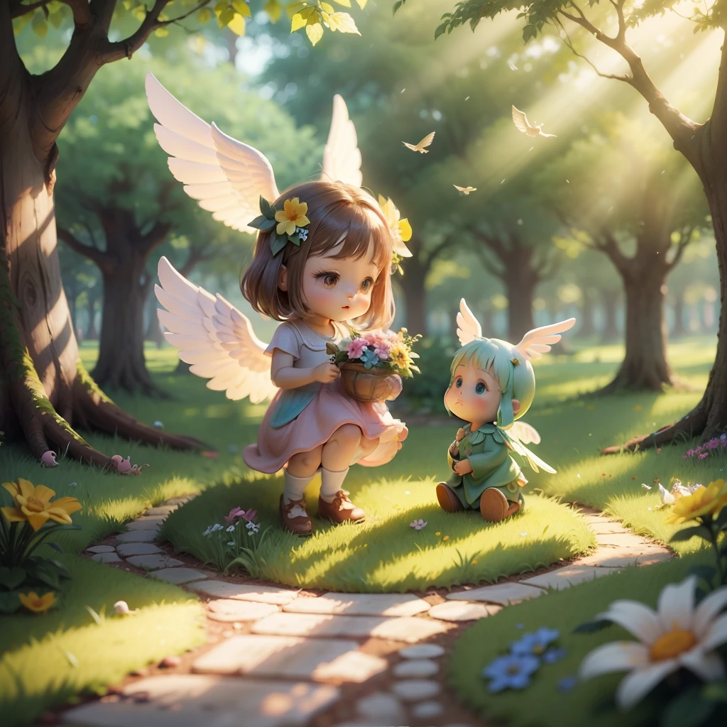 Clay art, angel garden, little fairies, cute winged creatures, colorful flowers, sunlight through the trees, grassland, place of relaxation
