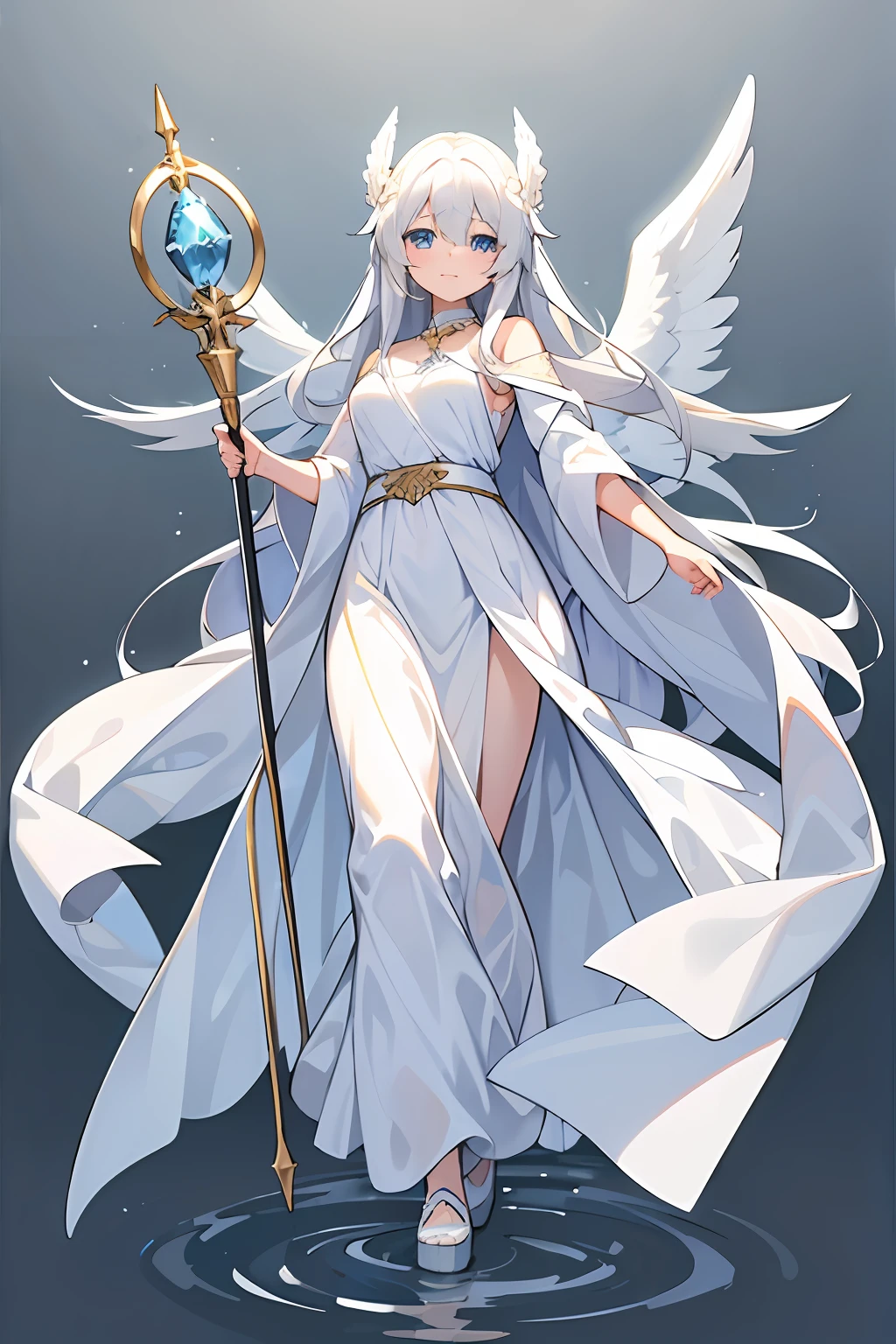 (masterpiece, best quality, high resolution), 1girl, long white hair, blue eyes, angel, angel wings, greek clothes, white clothes, light smile, holding a staff, water, full body, simple background