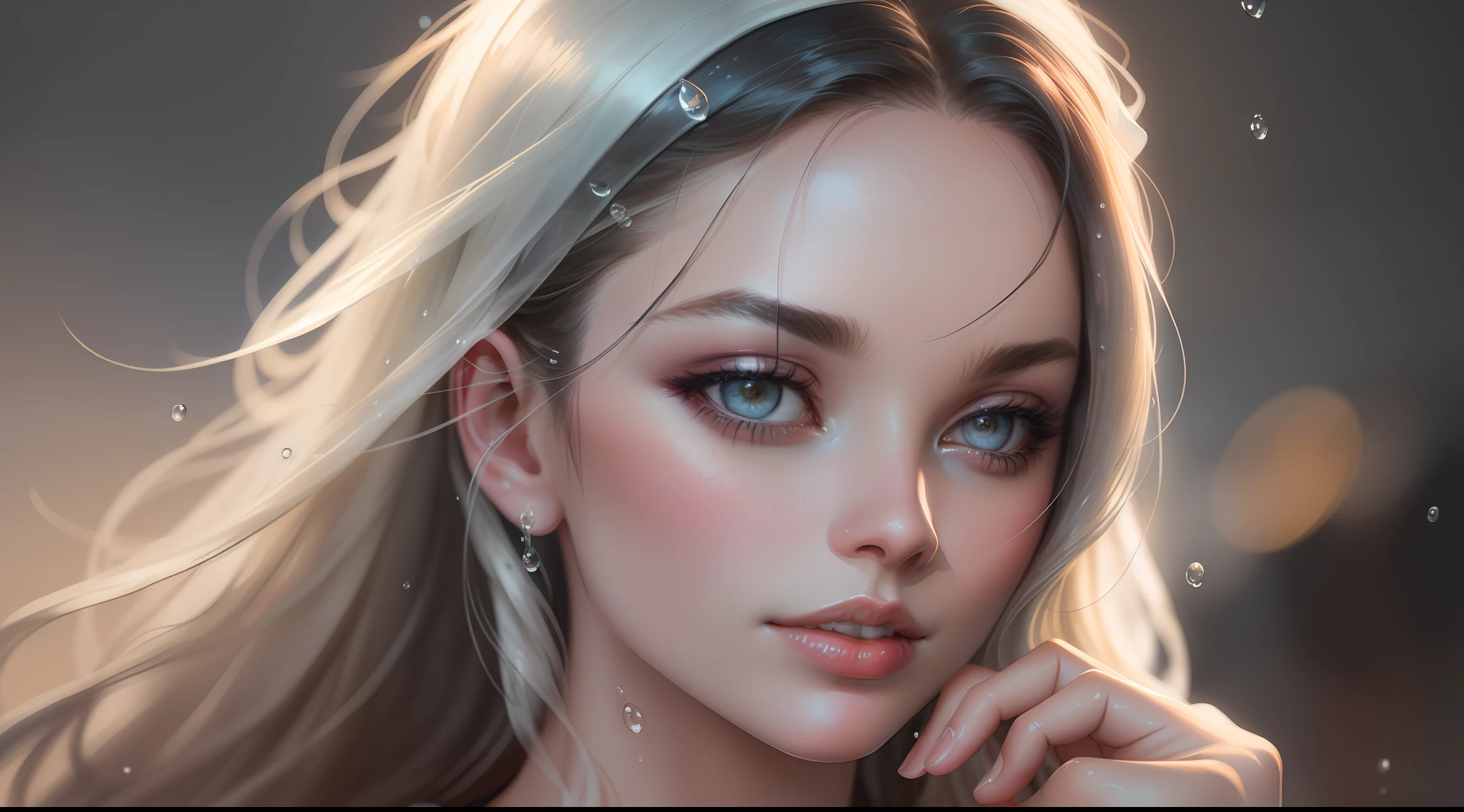 A watercolor of the model's face, raindrops as foreground, Margot Robbie, a wet look, sexy smile, white dress, long hair, fickle face, perfect anatomy, wet to wet background technique by Misilbu. hyper 8K detailed painting, resolution 8k portrait concept art by Greg Rutkowski Artgerm WLOP Alphonse Beeple Caravaggio, muted colors, watercolor style, bokeh, f1.0 lens