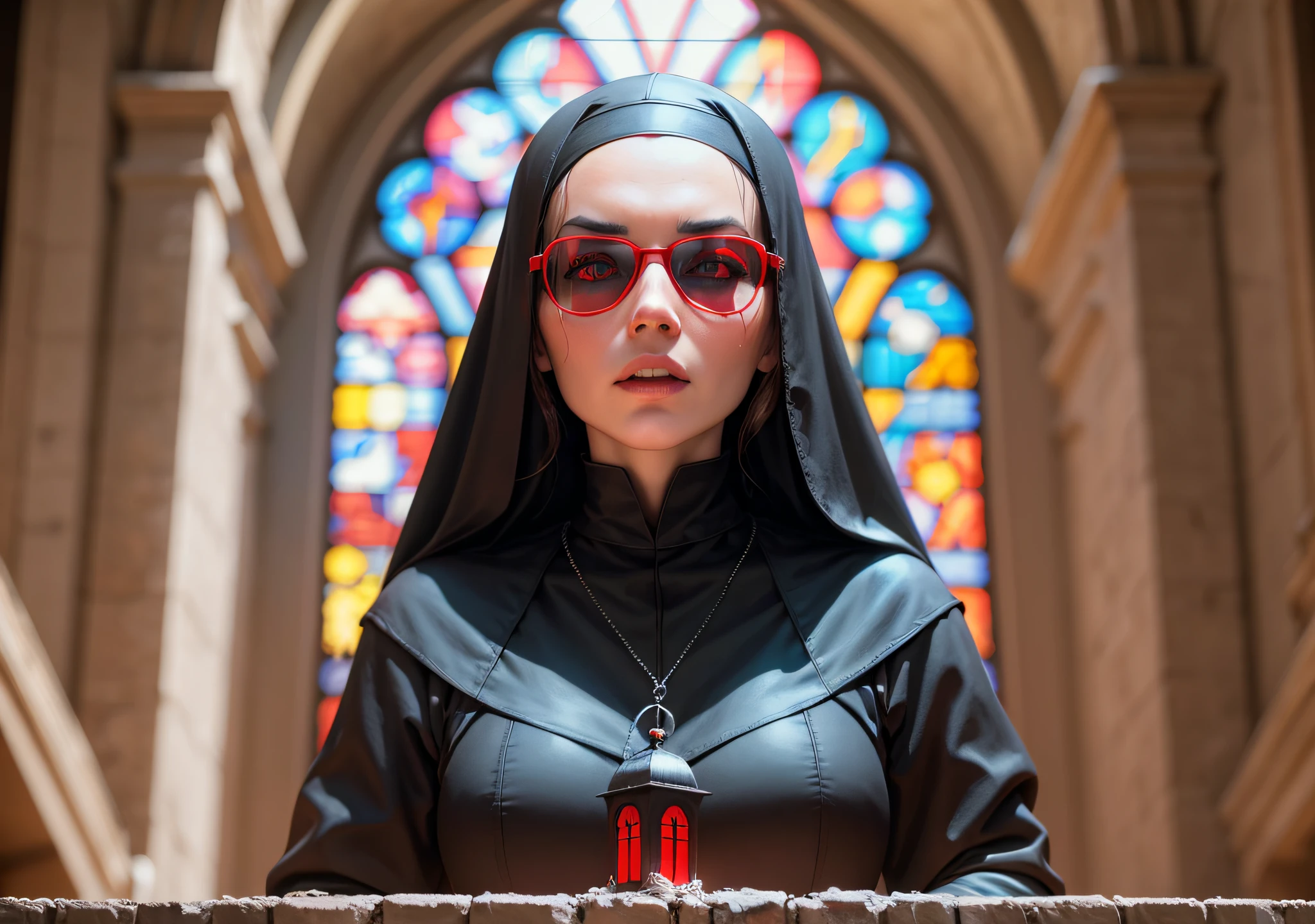 female dj nun,  dark, horror, red shades, gothic church in the background, Fujifilm Fujichrome Provia 100F filme, lanterna, ultra realistic, 8K UHD. --auto --s2