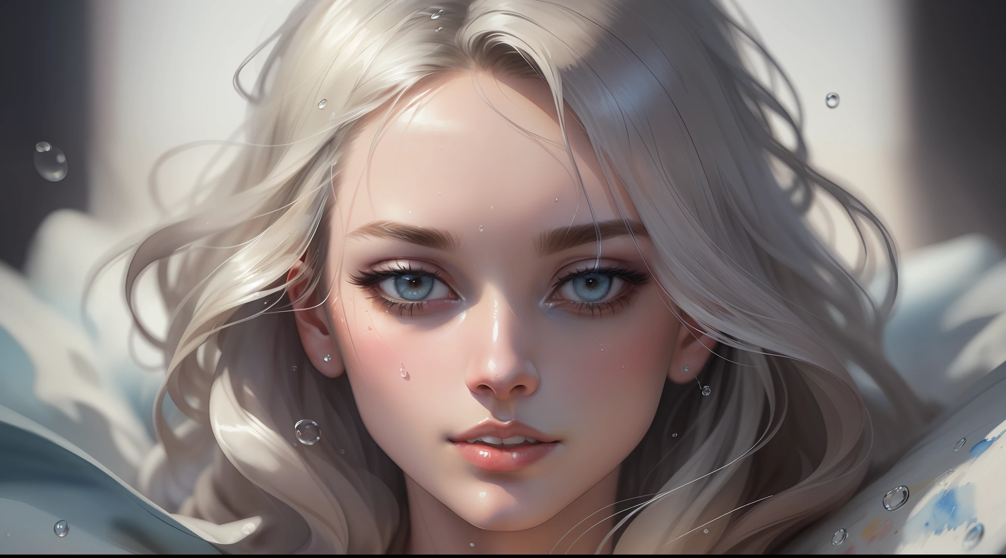 A watercolor of the model's face, raindrops as foreground, Margot Robbie, a wet look, sexy smile, white dress, long hair, fickle face, perfect anatomy, wet to wet background technique by Misilbu. hyper 8K detailed painting, resolution 8k portrait concept art by Greg Rutkowski Artgerm WLOP Alphonse Beeple Caravaggio, muted colors, watercolor style, bokeh, f1.0 lens
